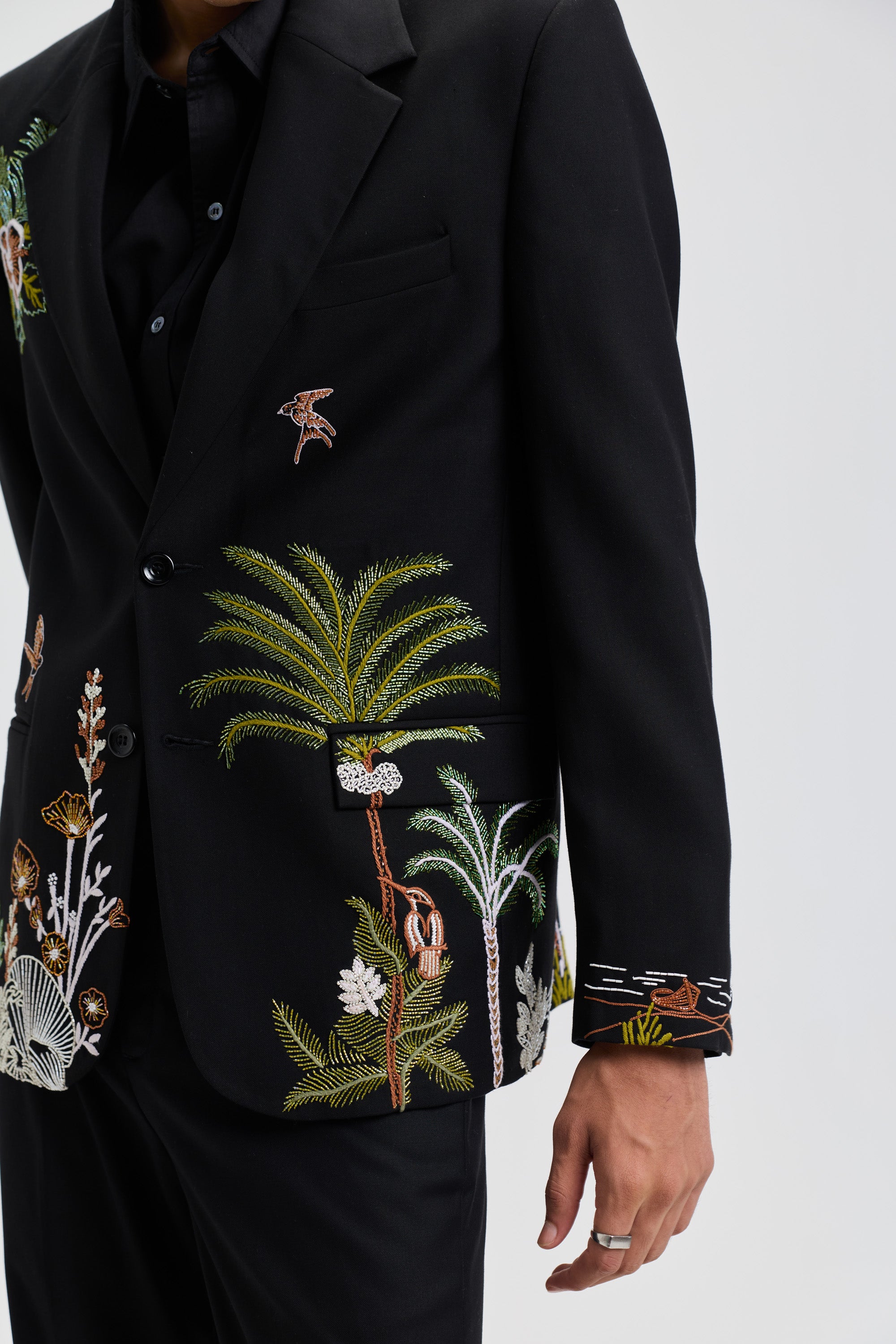 Tropical hand embroidered blazer- Black