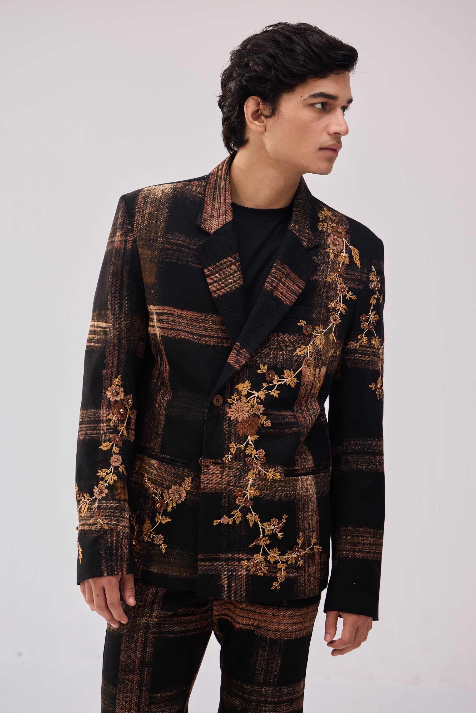 Floral hand embroidered checked blazer
