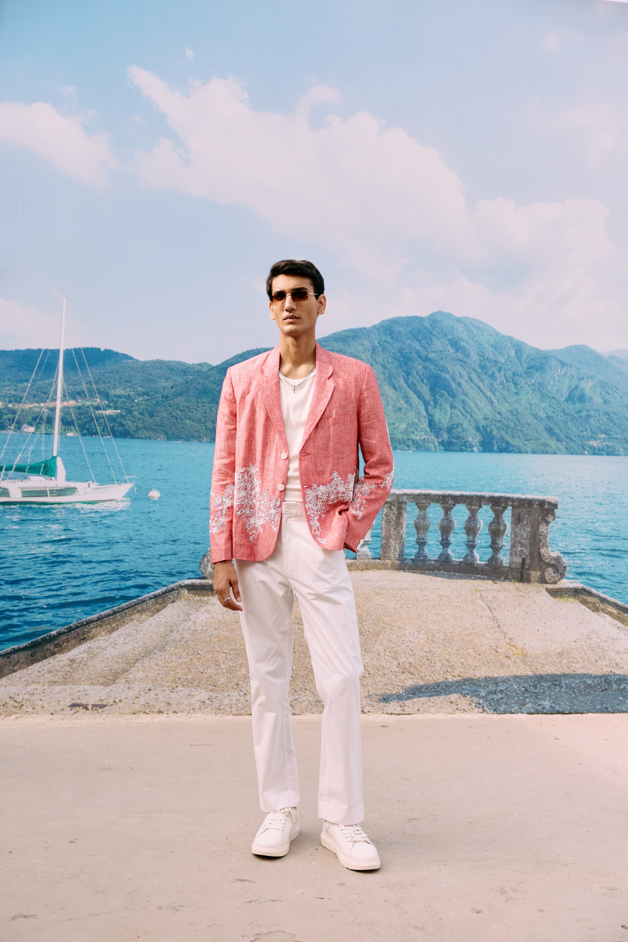 Hand embroidered floral beaded linen blazer