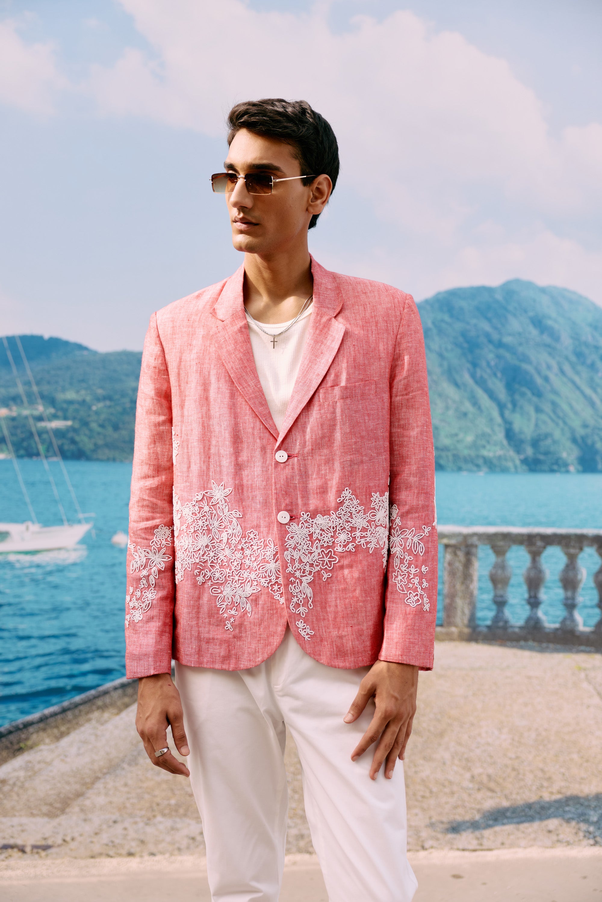 Hand embroidered floral beaded linen blazer
