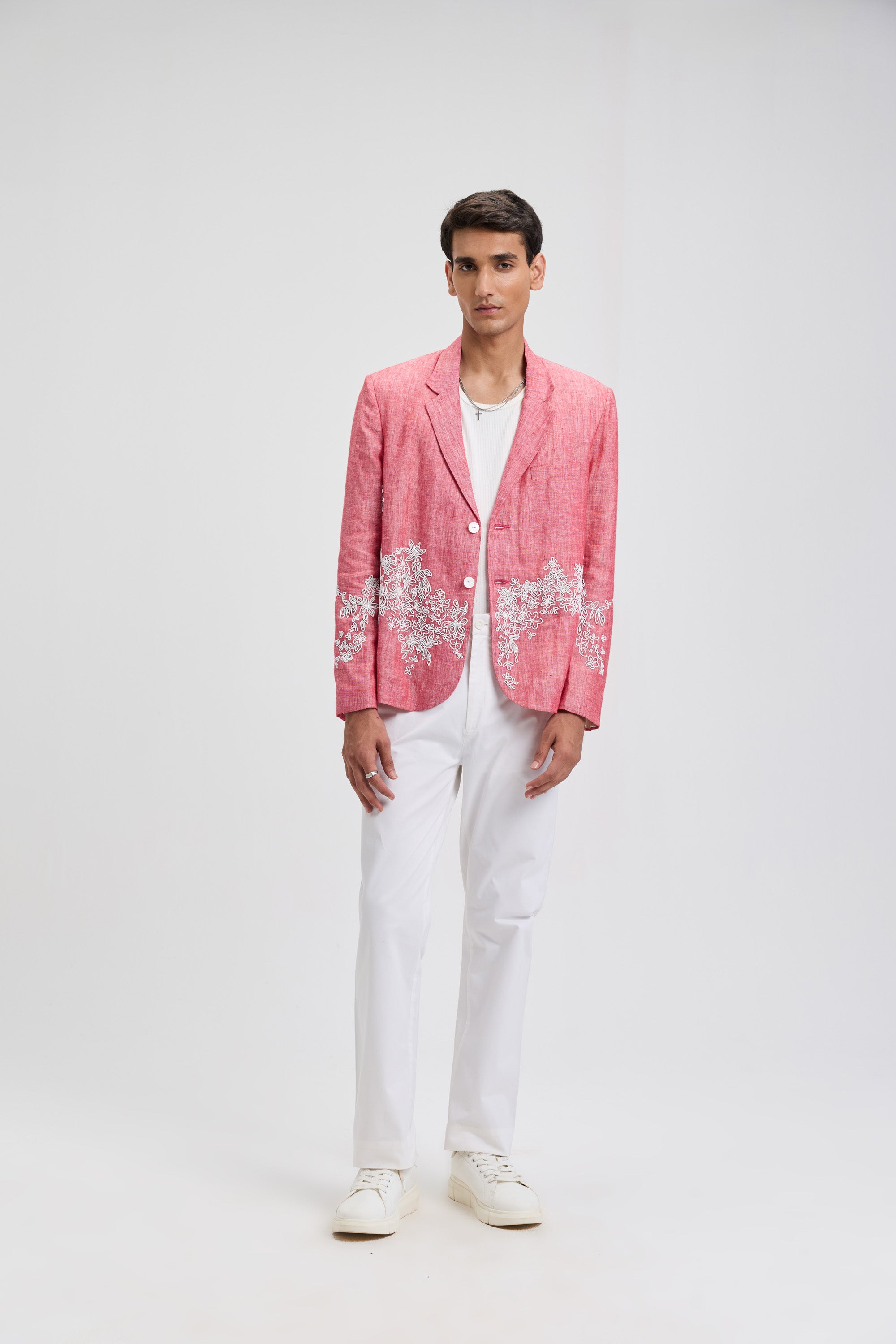 Hand embroidered floral beaded linen blazer