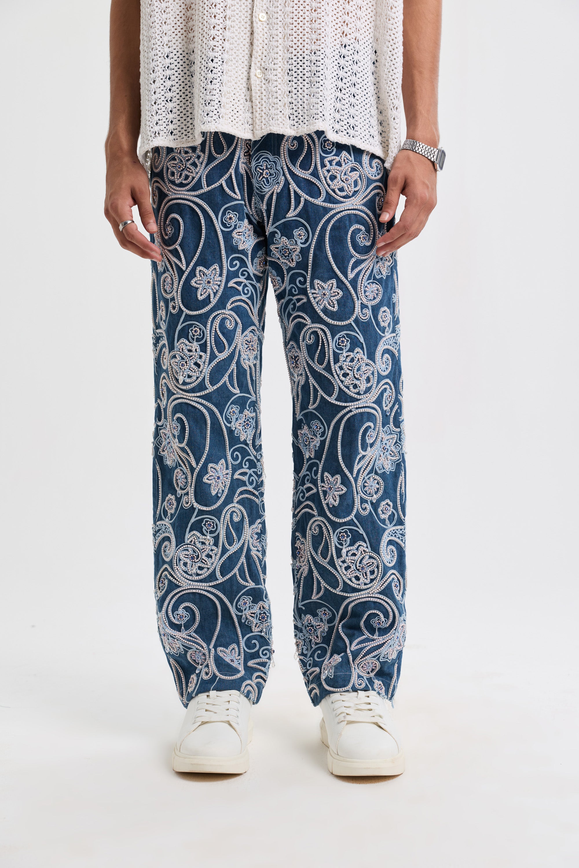 Paisley hand embroidered straight fit jeans