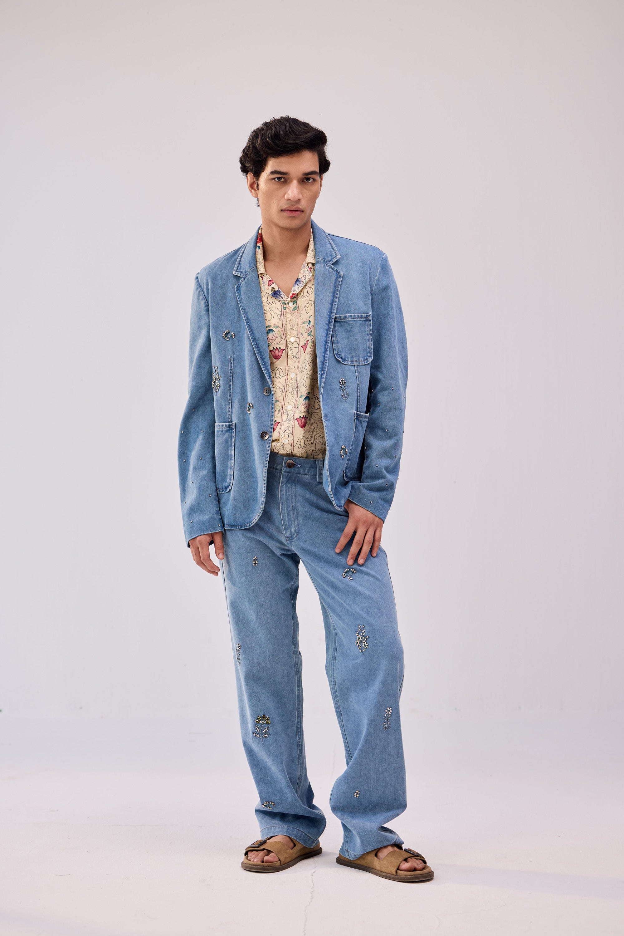 Hand Embroidered Denim Blazer For Men By Perte Dego