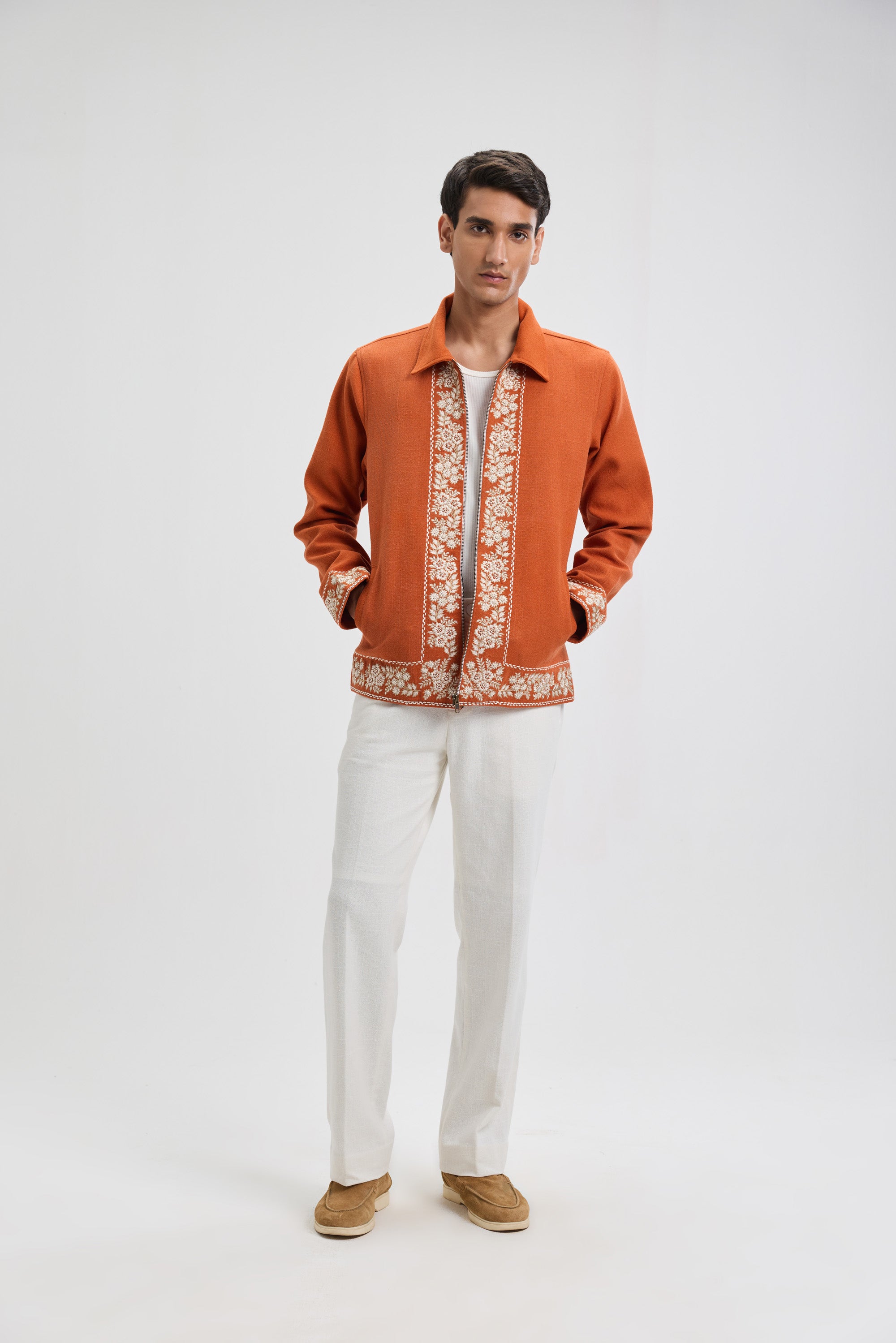 Vintage embroidered zip up jacket- Rust orange