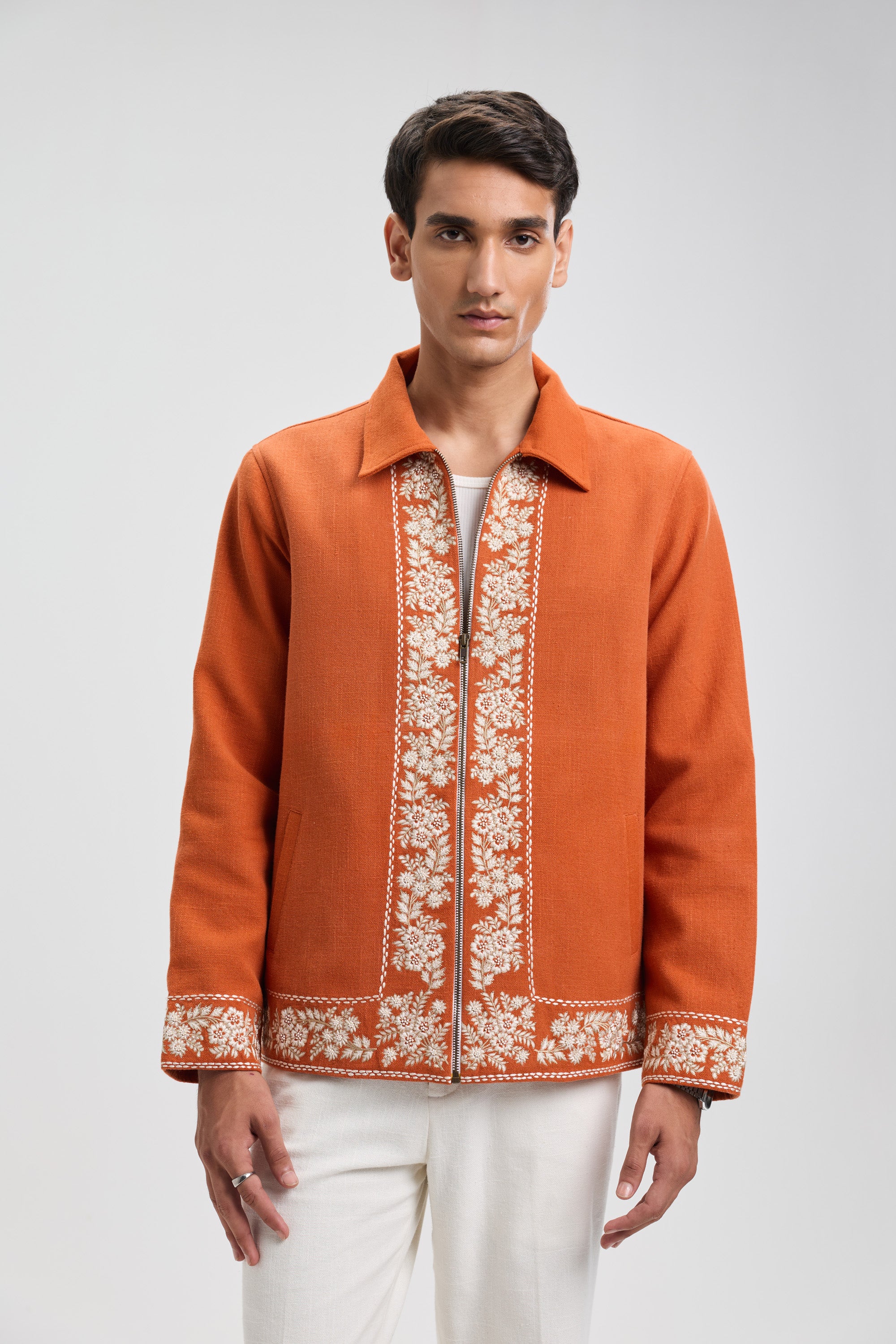 Vintage embroidered zip up jacket- Rust orange