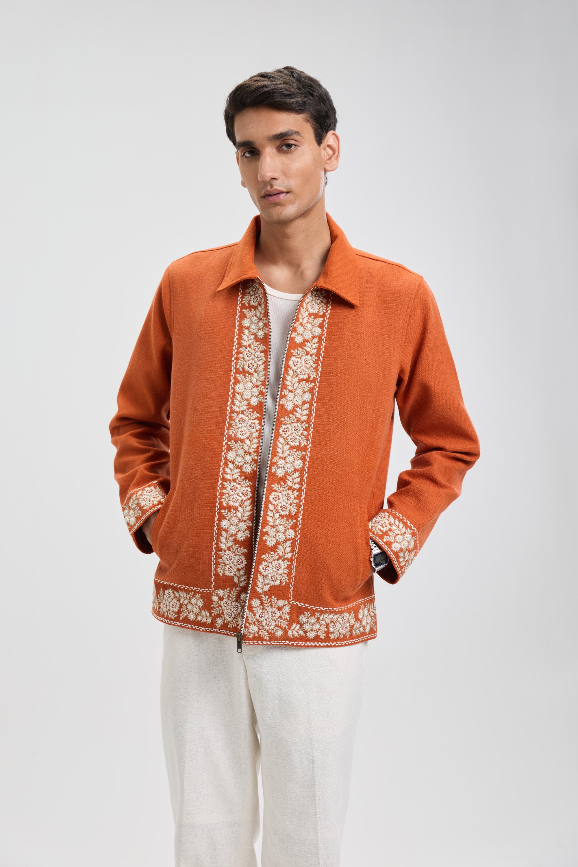 Vintage embroidered zip up jacket- Rust orange