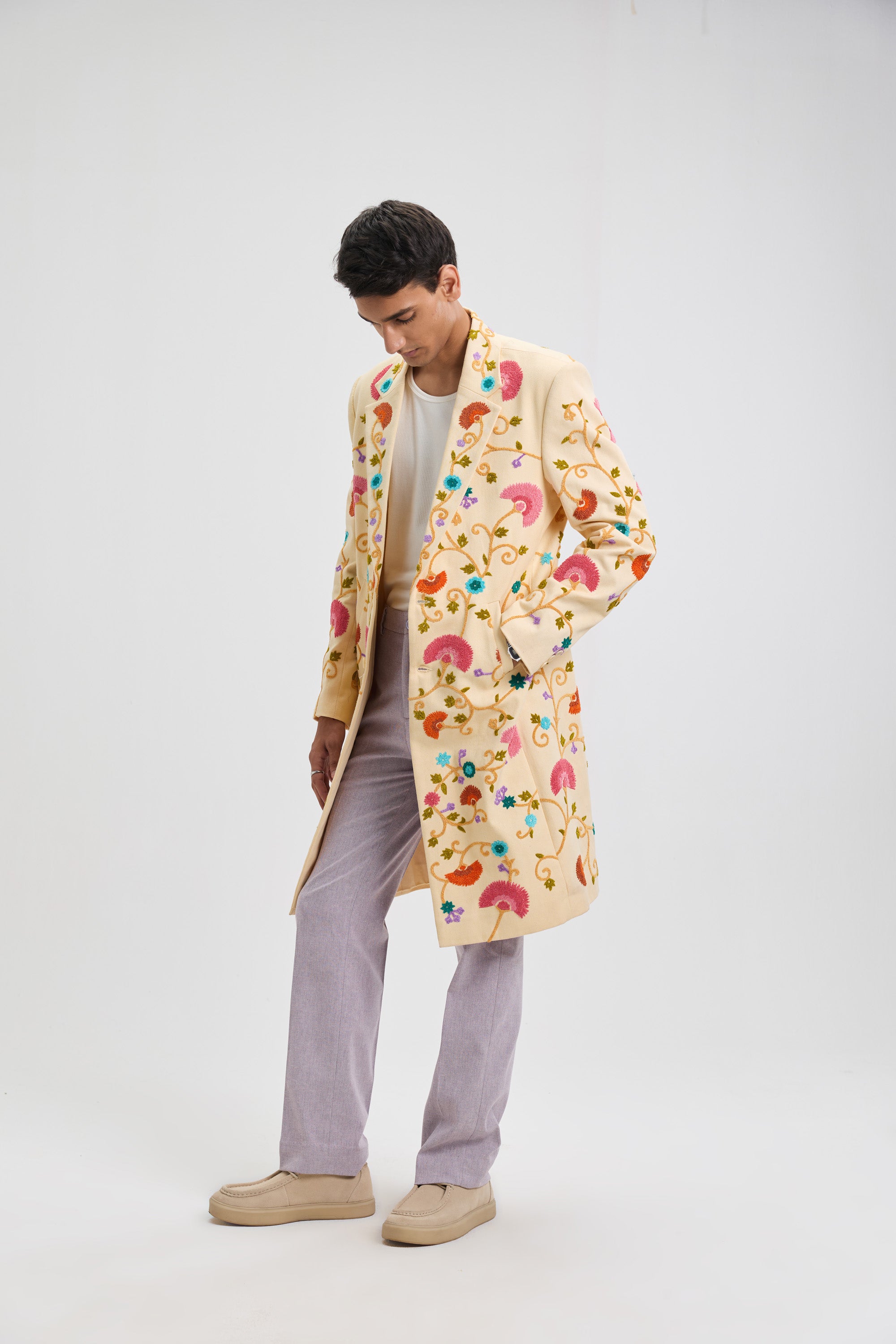 Fuzzy embroidered overcoat