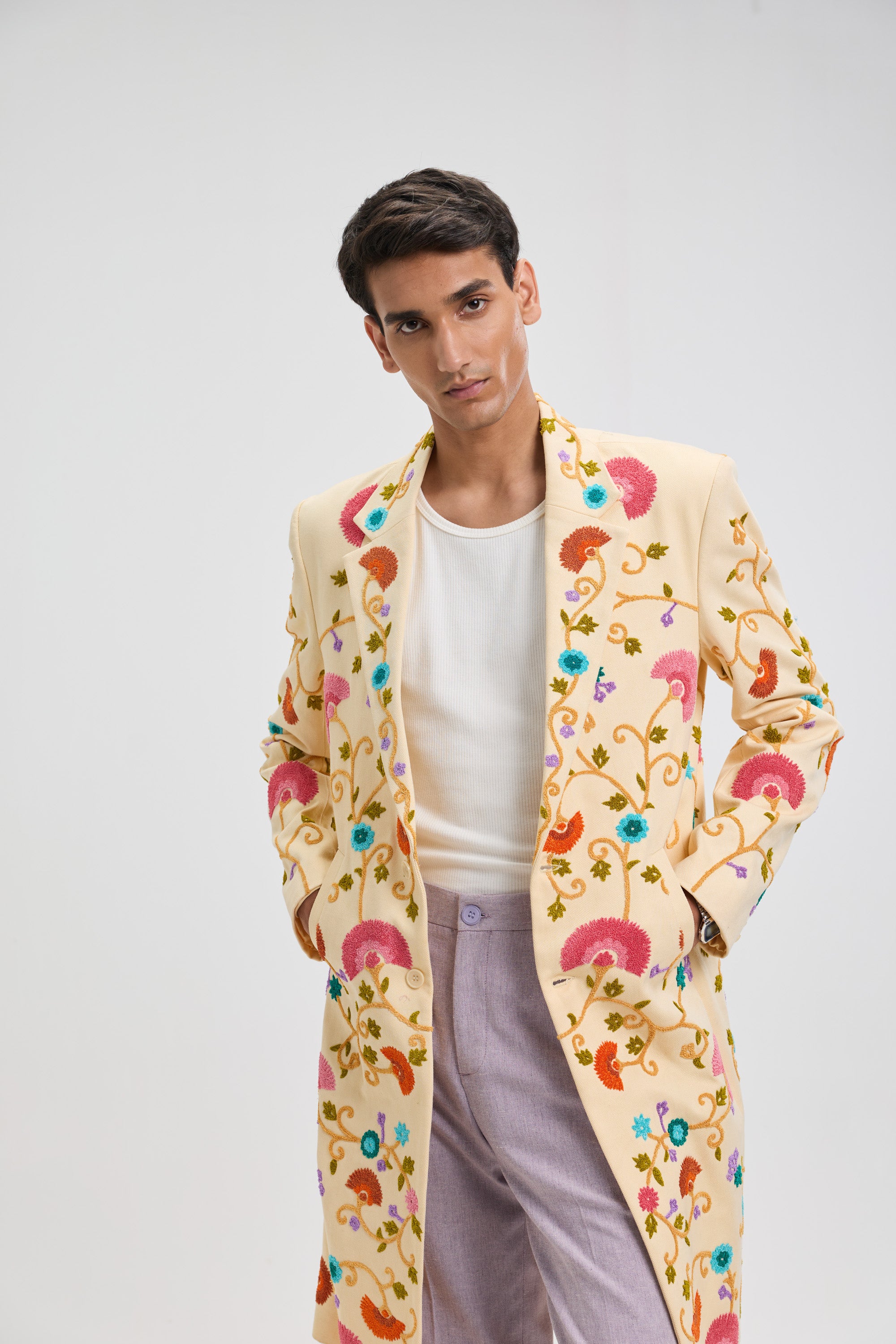 Fuzzy embroidered overcoat