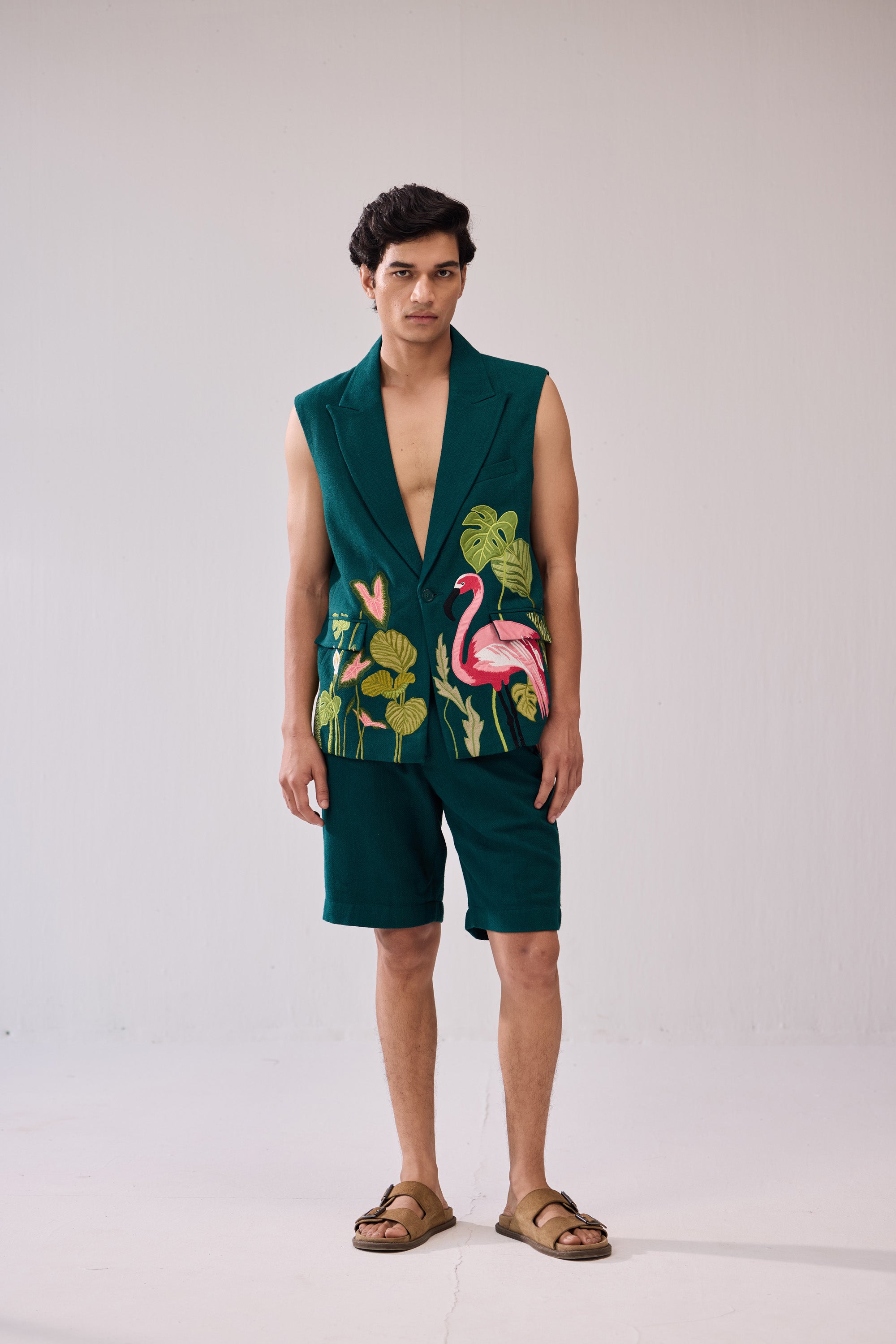 "Le Flamingo" hand embroidered resort blazer