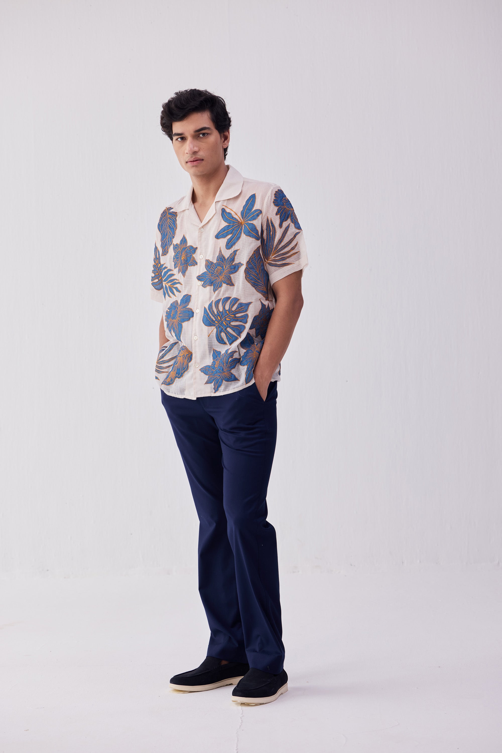 Blue floral appliqué shirt