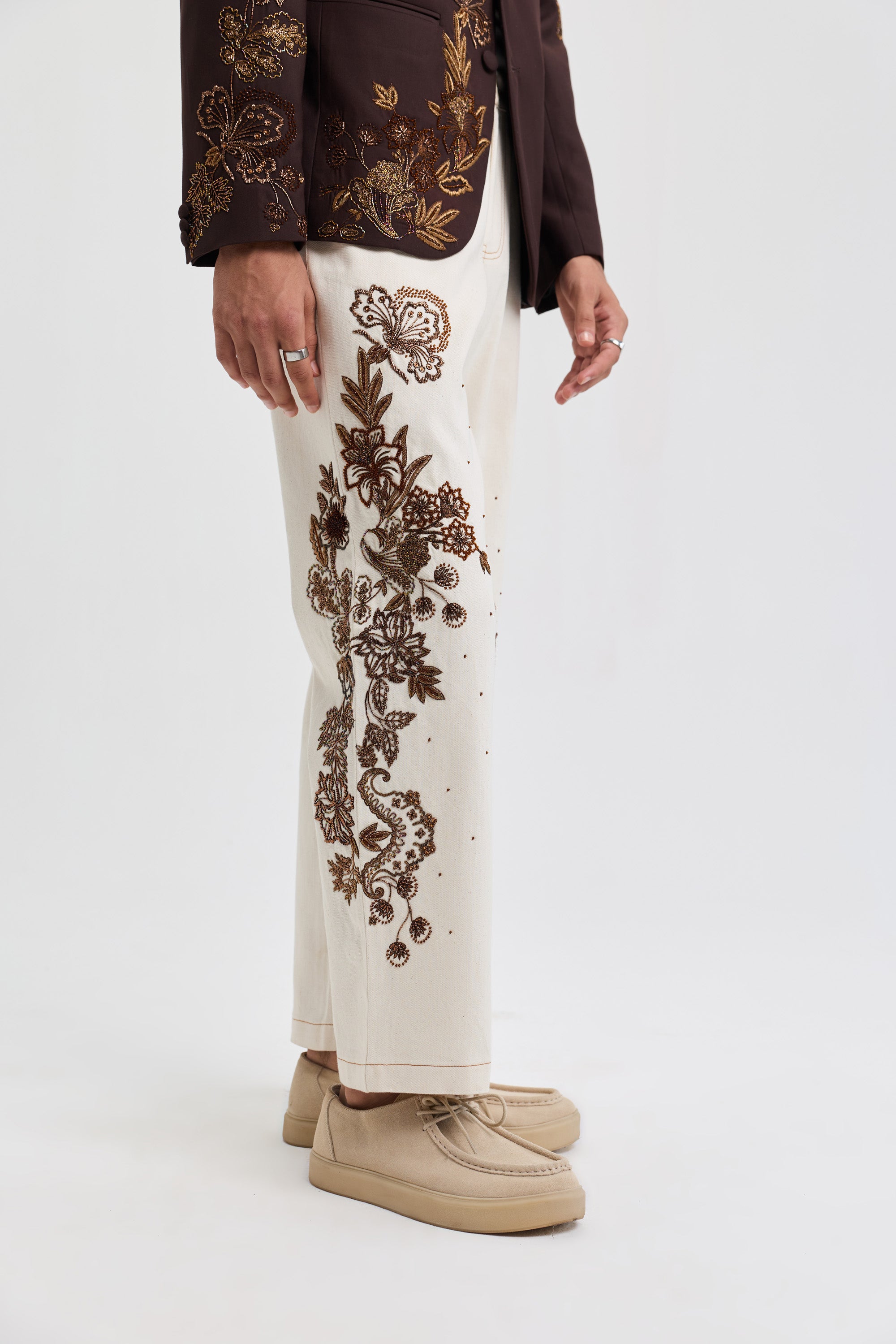Ecru embroidered denim pants