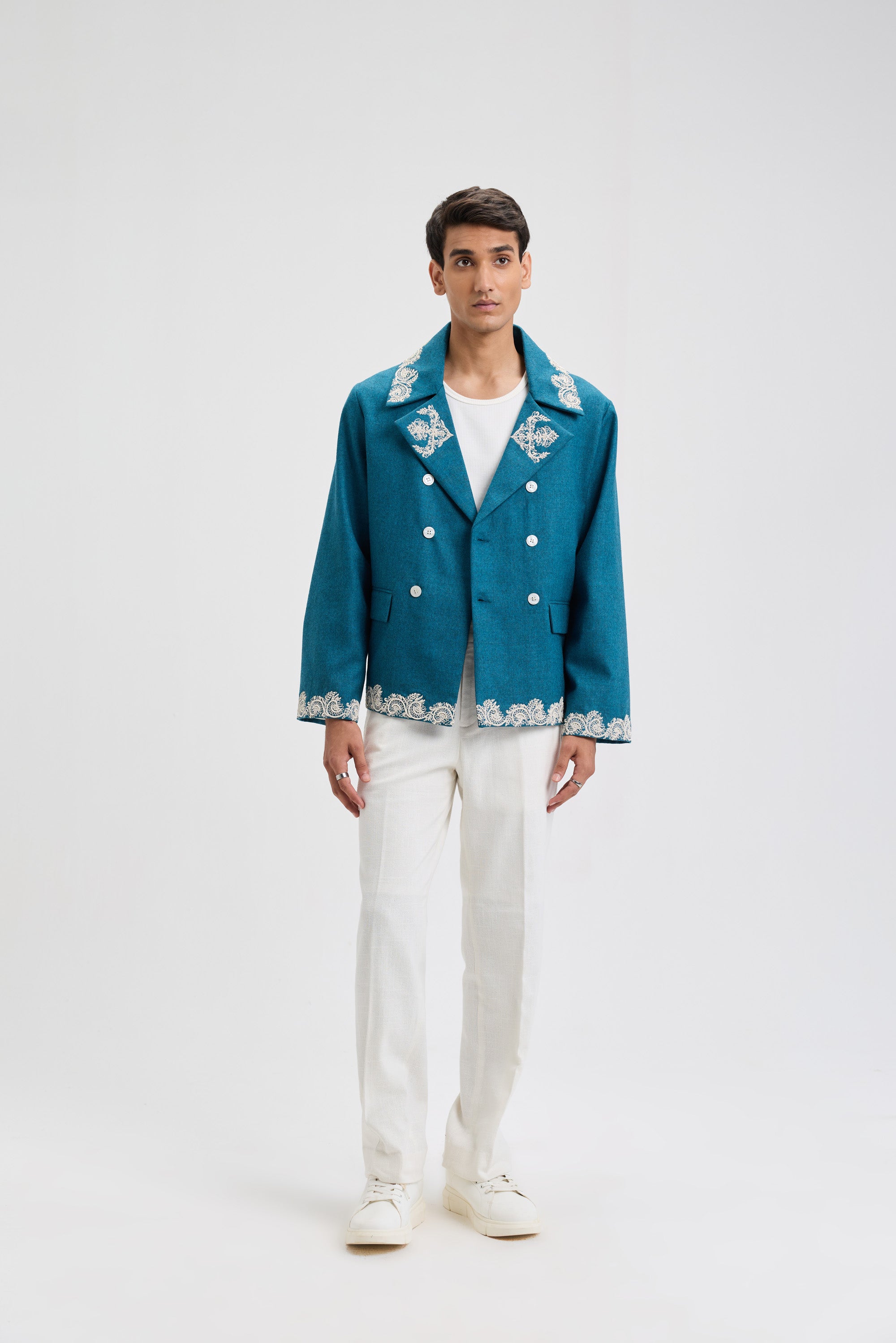 Beadwork merino wool peacoat