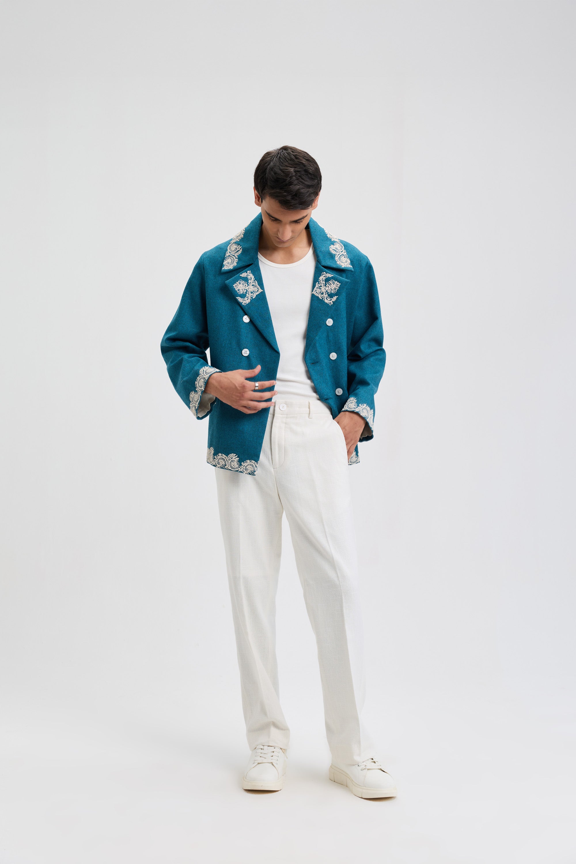 Beadwork merino wool peacoat