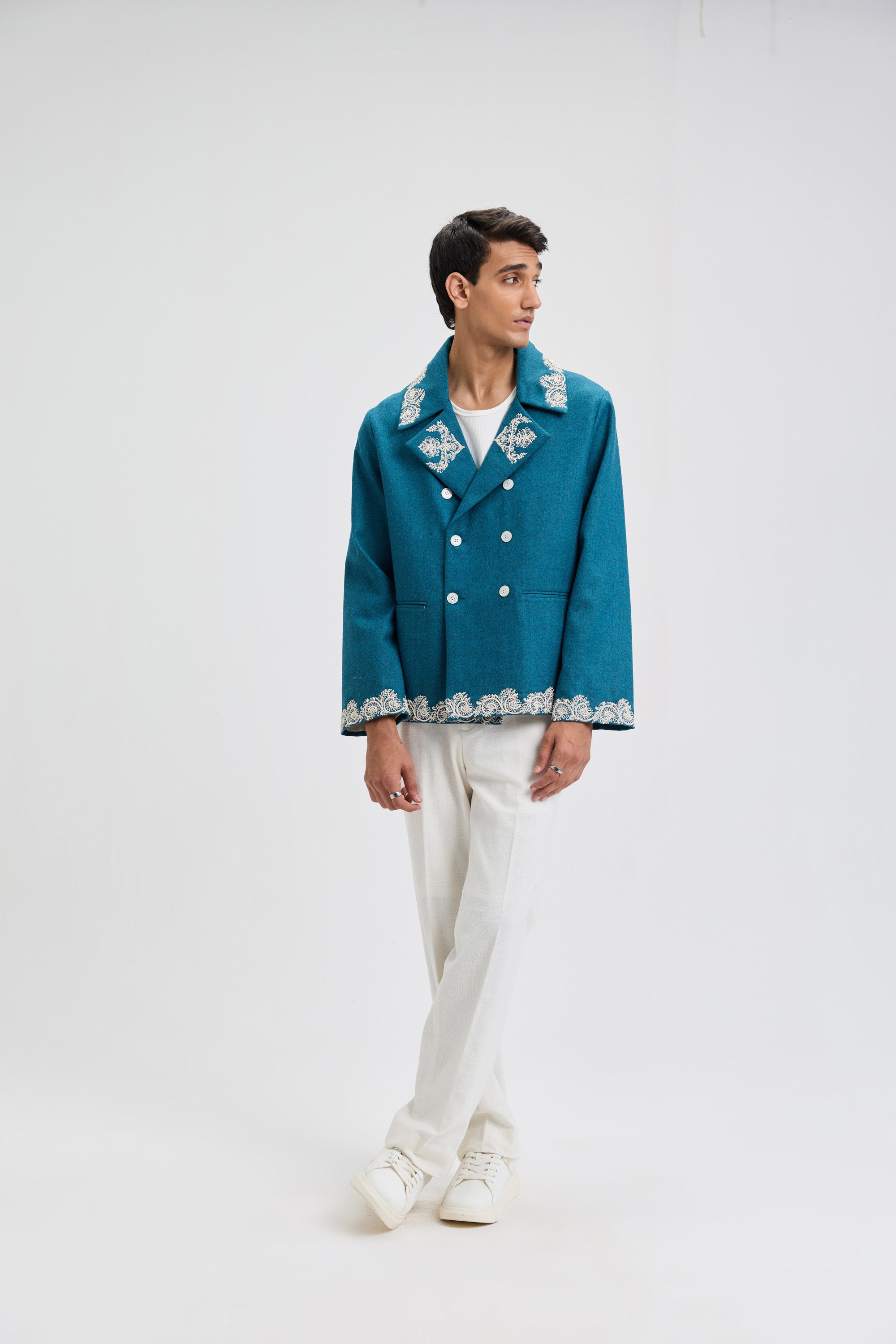 Beadwork merino wool peacoat