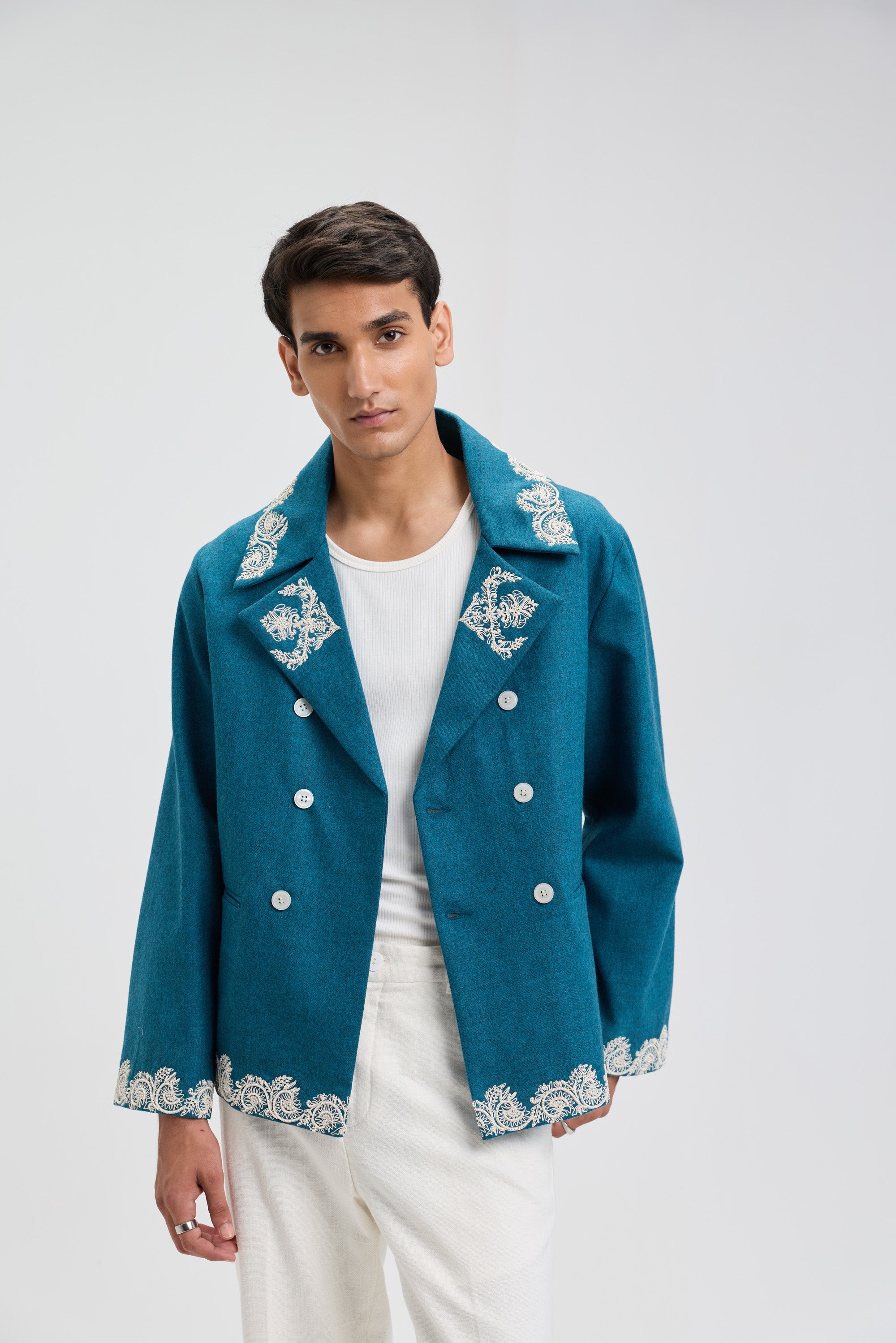 Beadwork merino wool peacoat