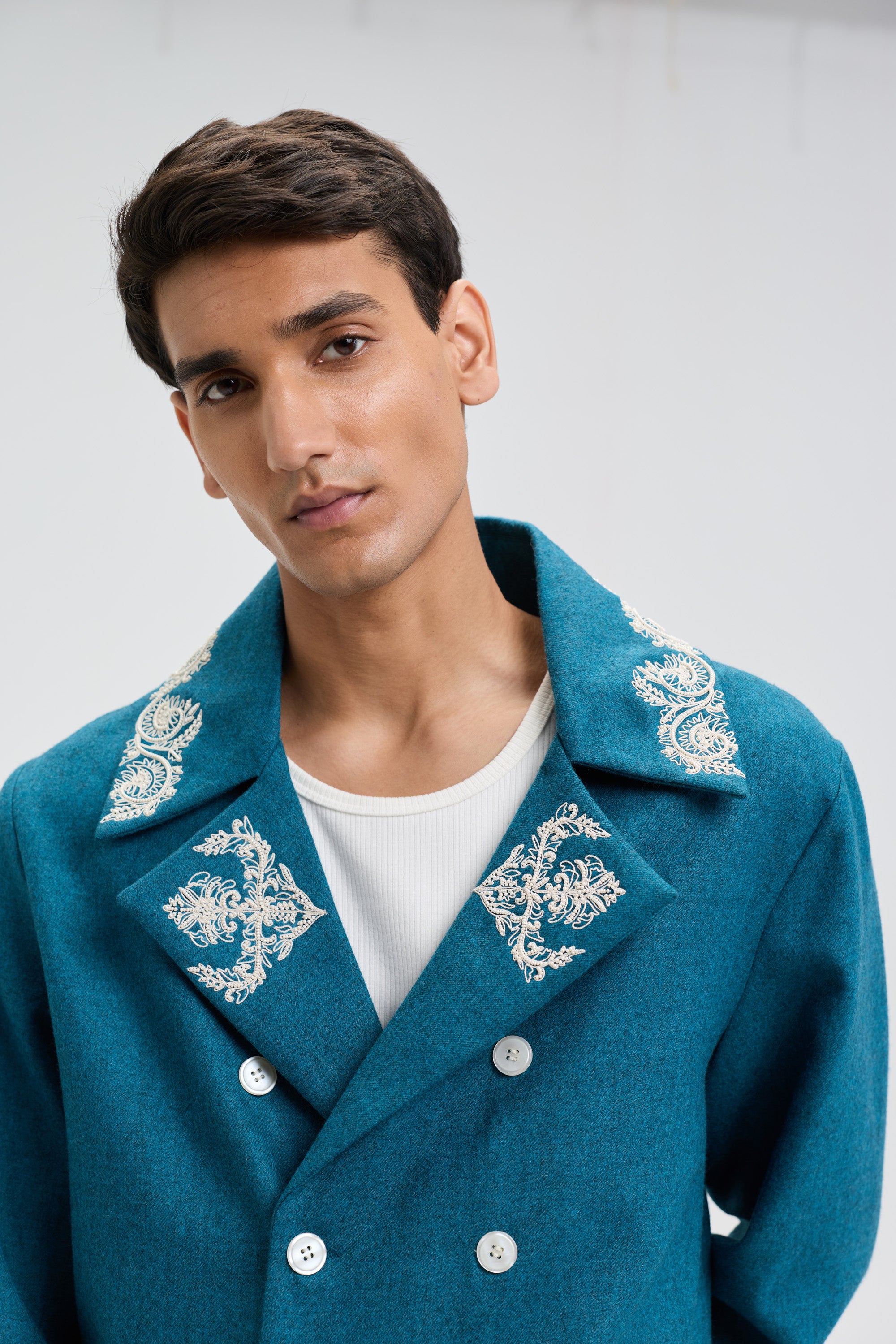 Beadwork merino wool peacoat