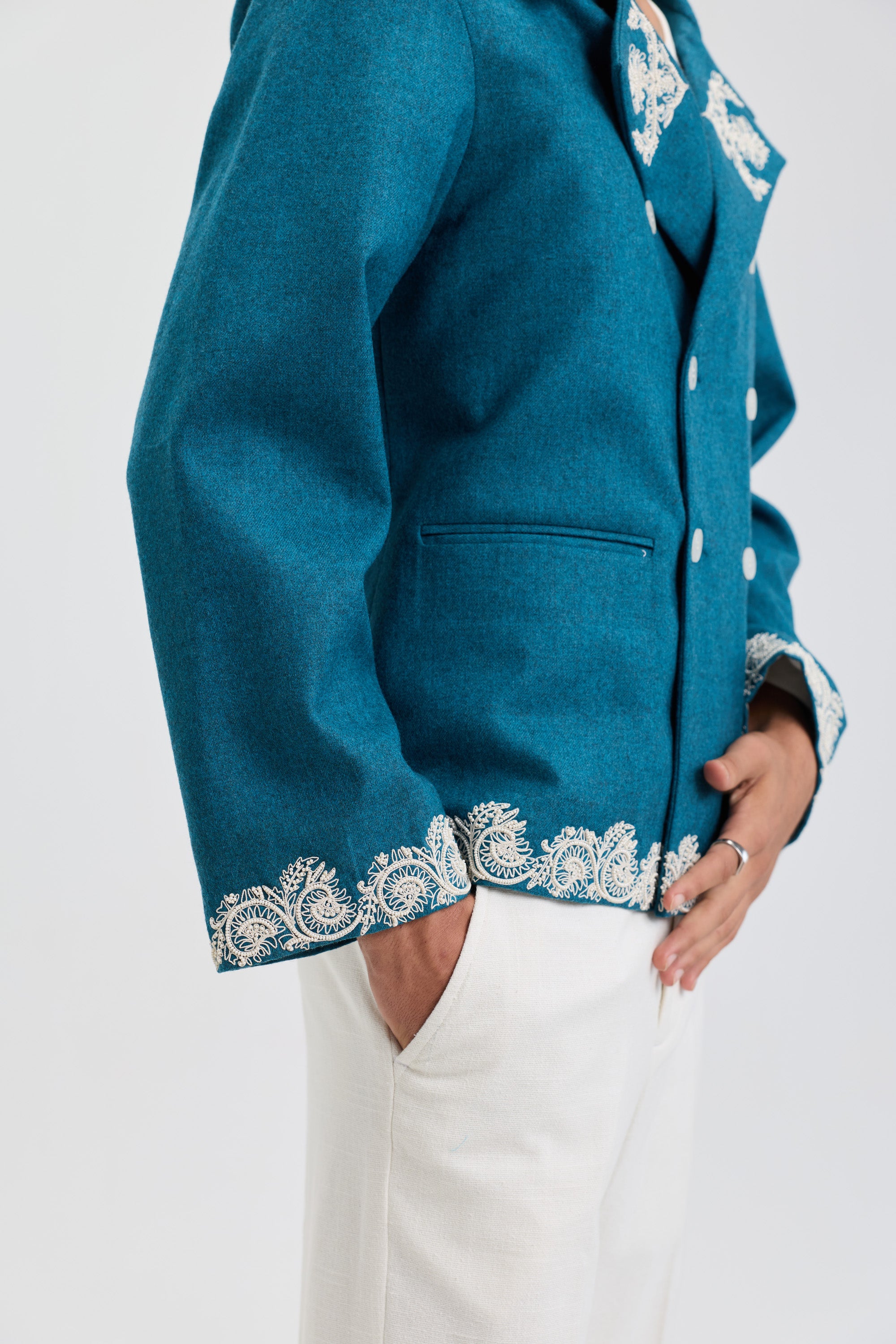 Beadwork merino wool peacoat