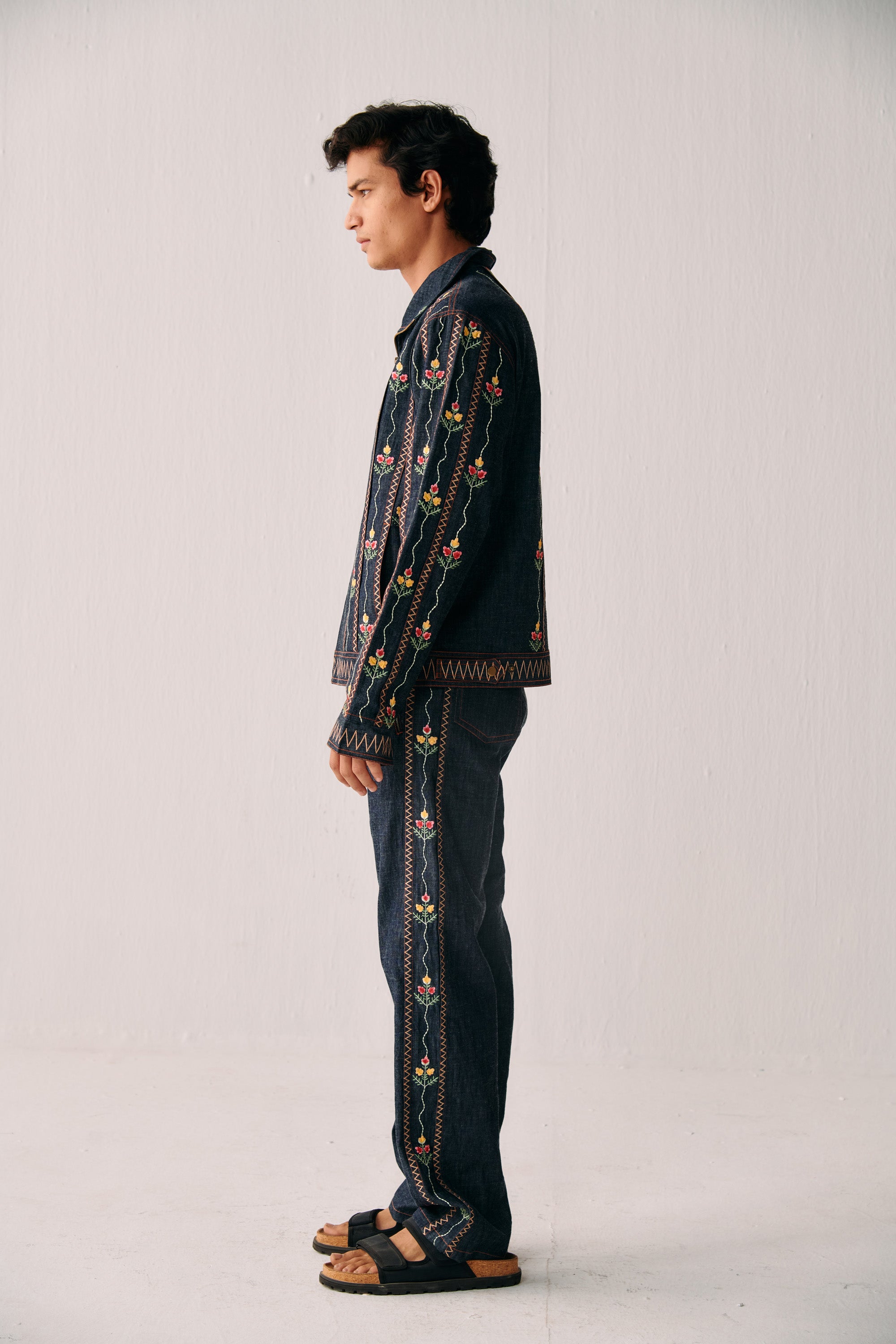 Floral embroidered racer denim jacket