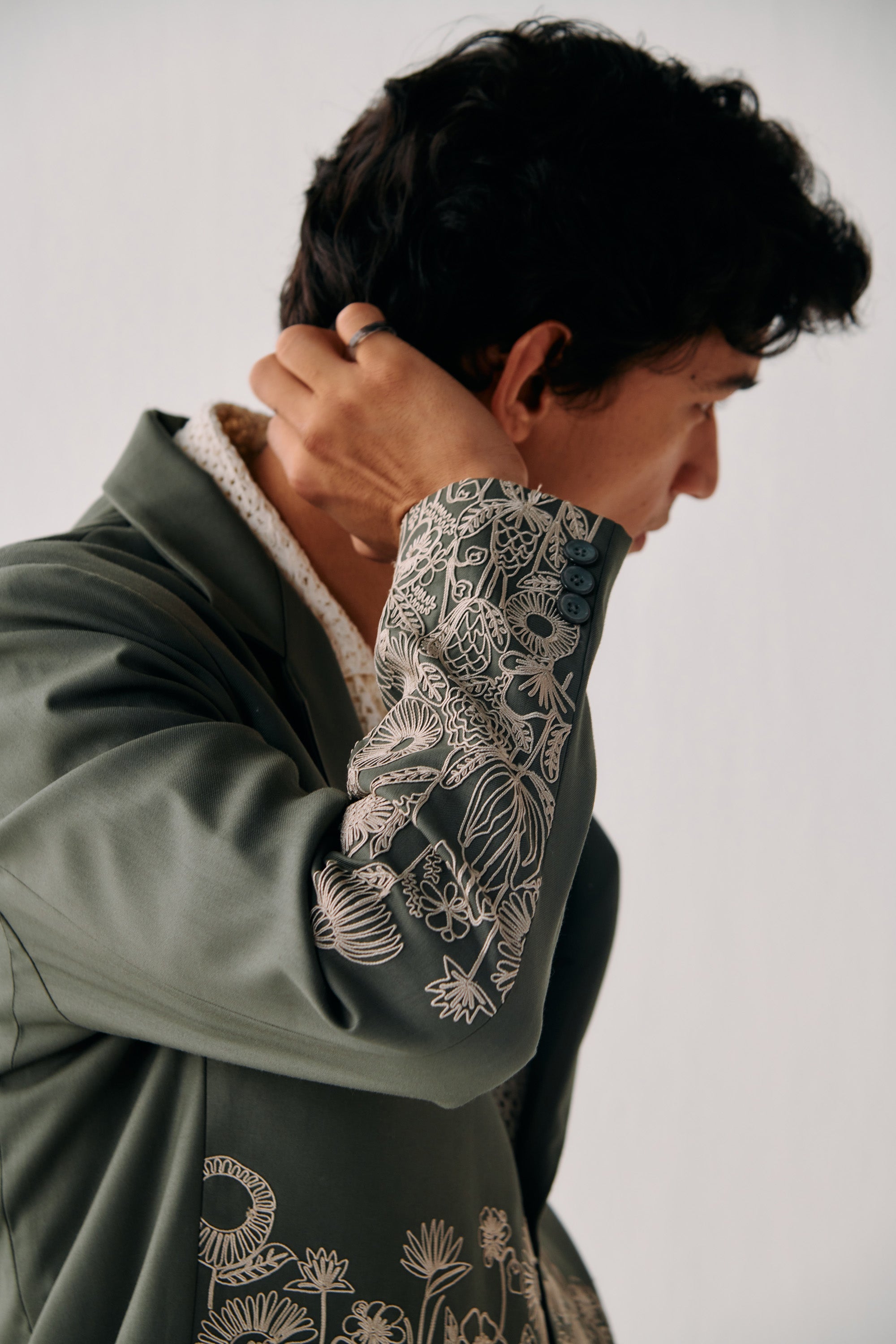 Sage Green Floral Hand Embroidered Casual Wedding Suit