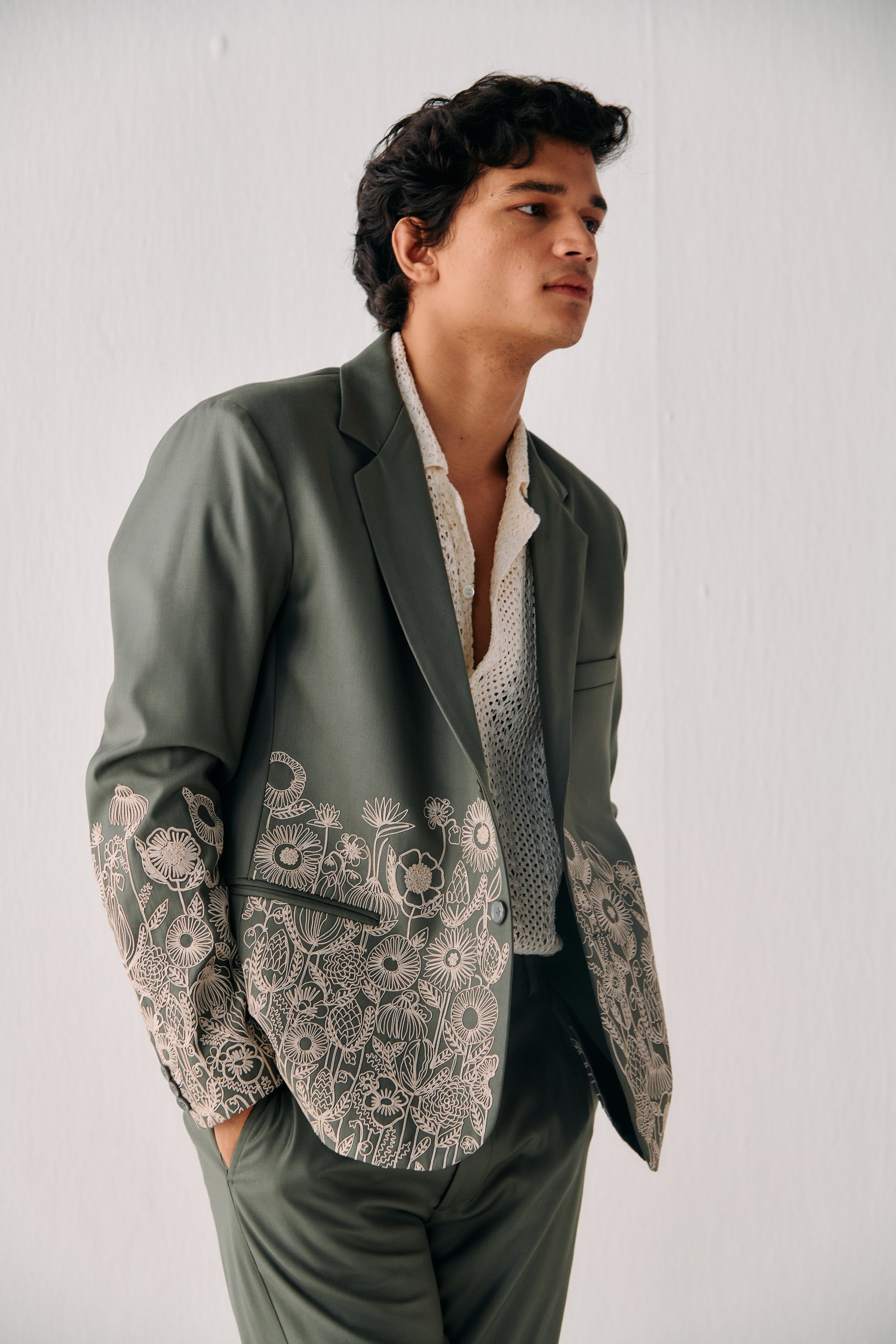 Sage Green Floral Hand Embroidered Casual Wedding Suit