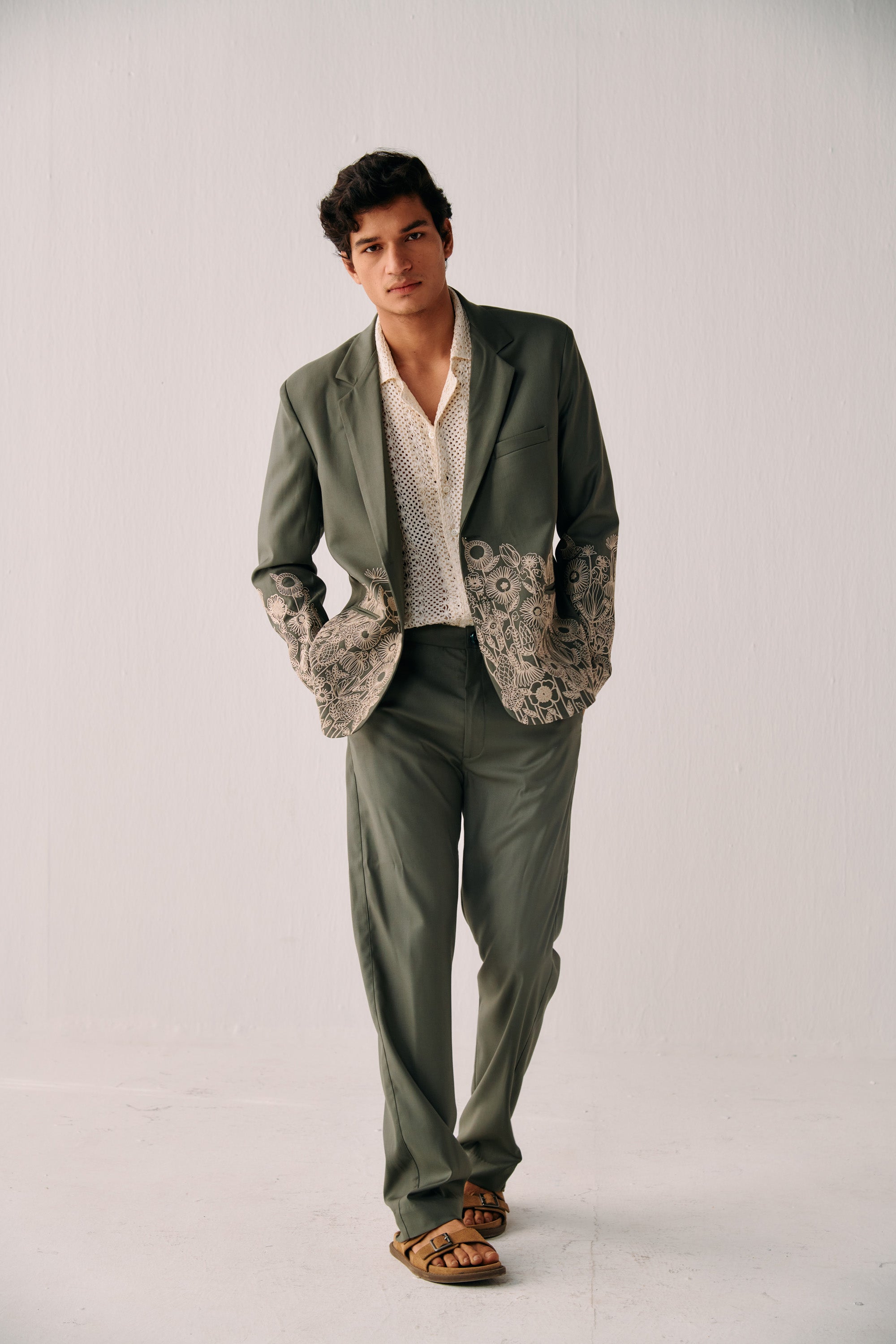 Sage Green Floral Hand Embroidered Casual Wedding Suit