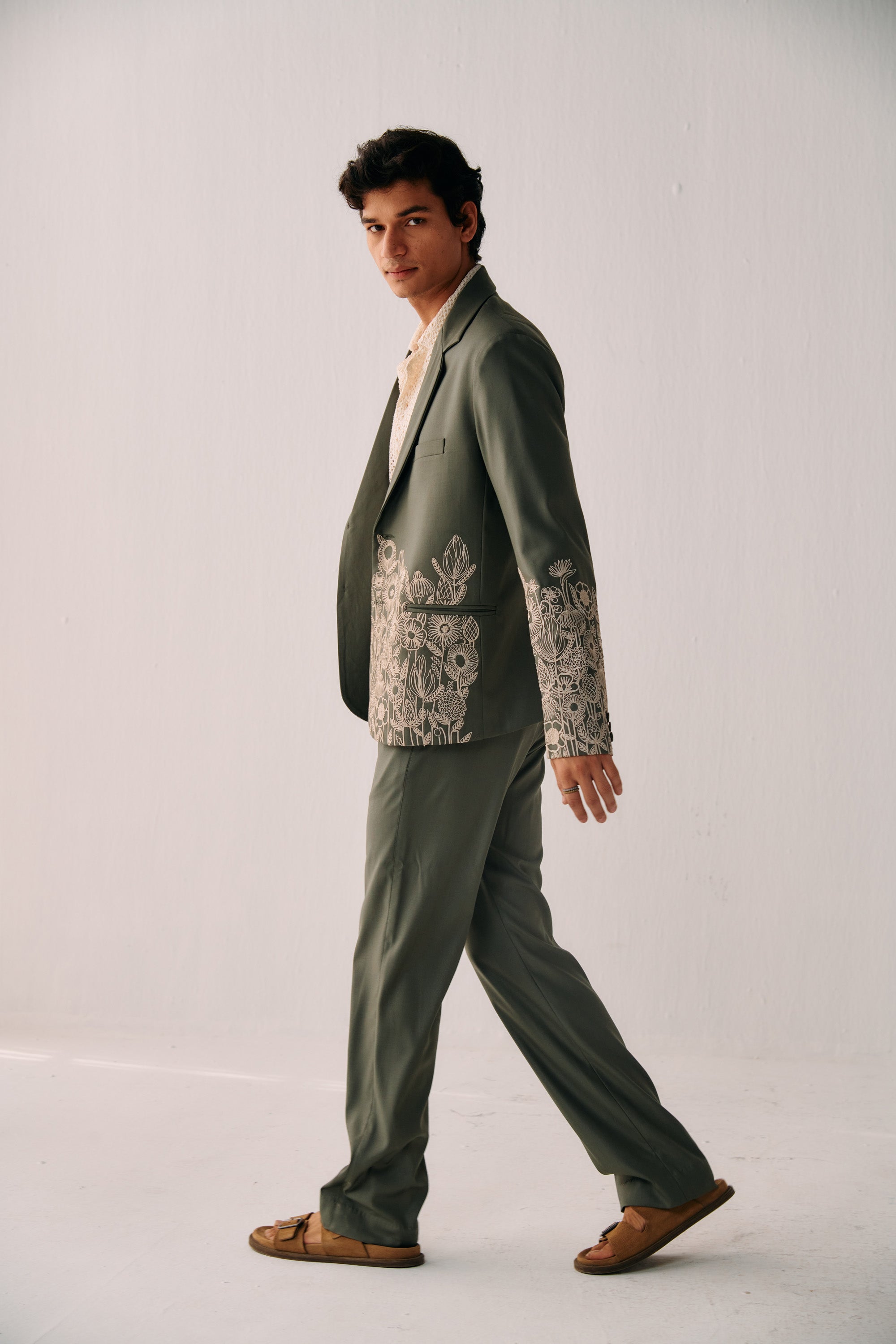 Sage Green Floral Hand Embroidered Casual Wedding Suit