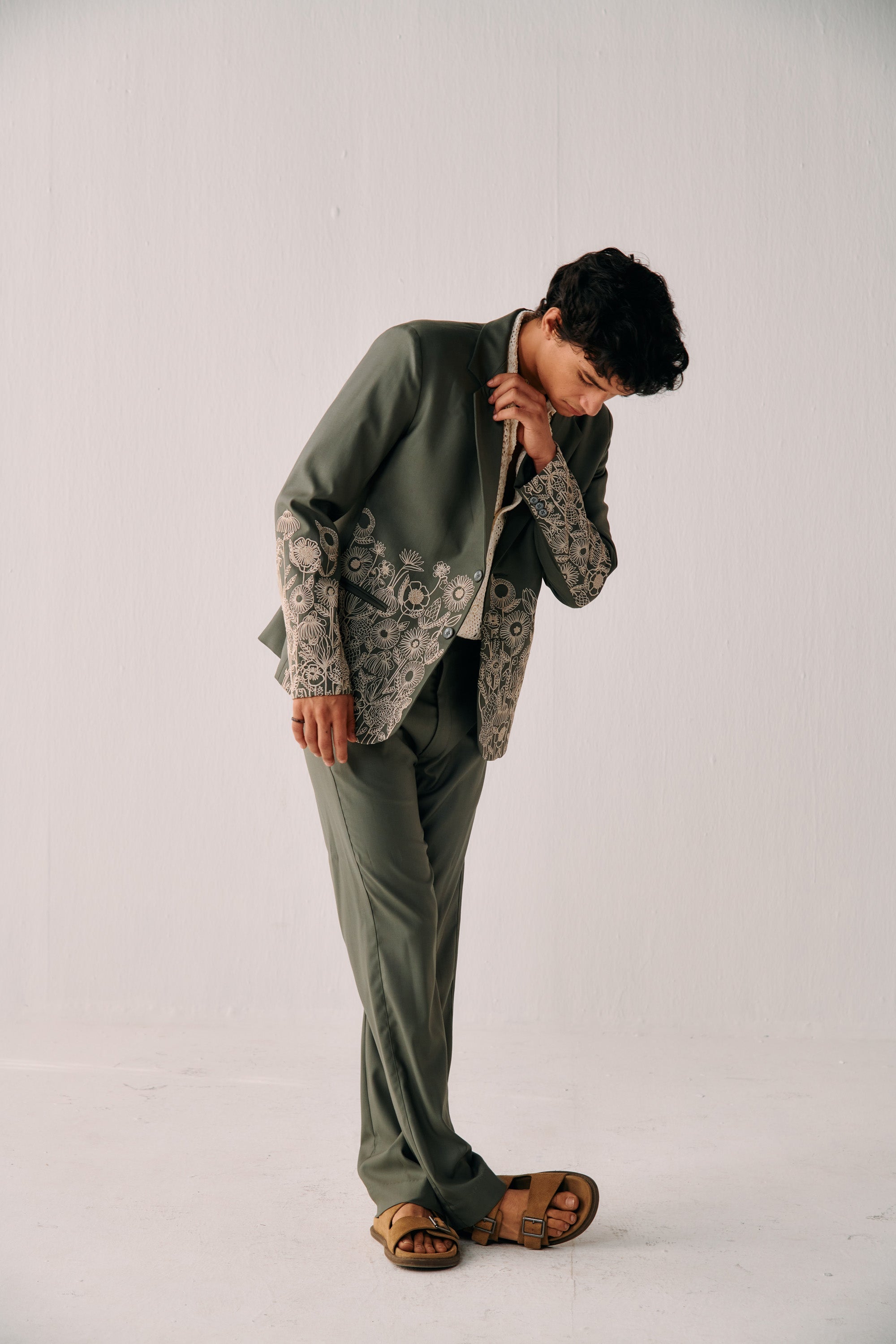 Sage Green Floral Hand Embroidered Casual Wedding Suit