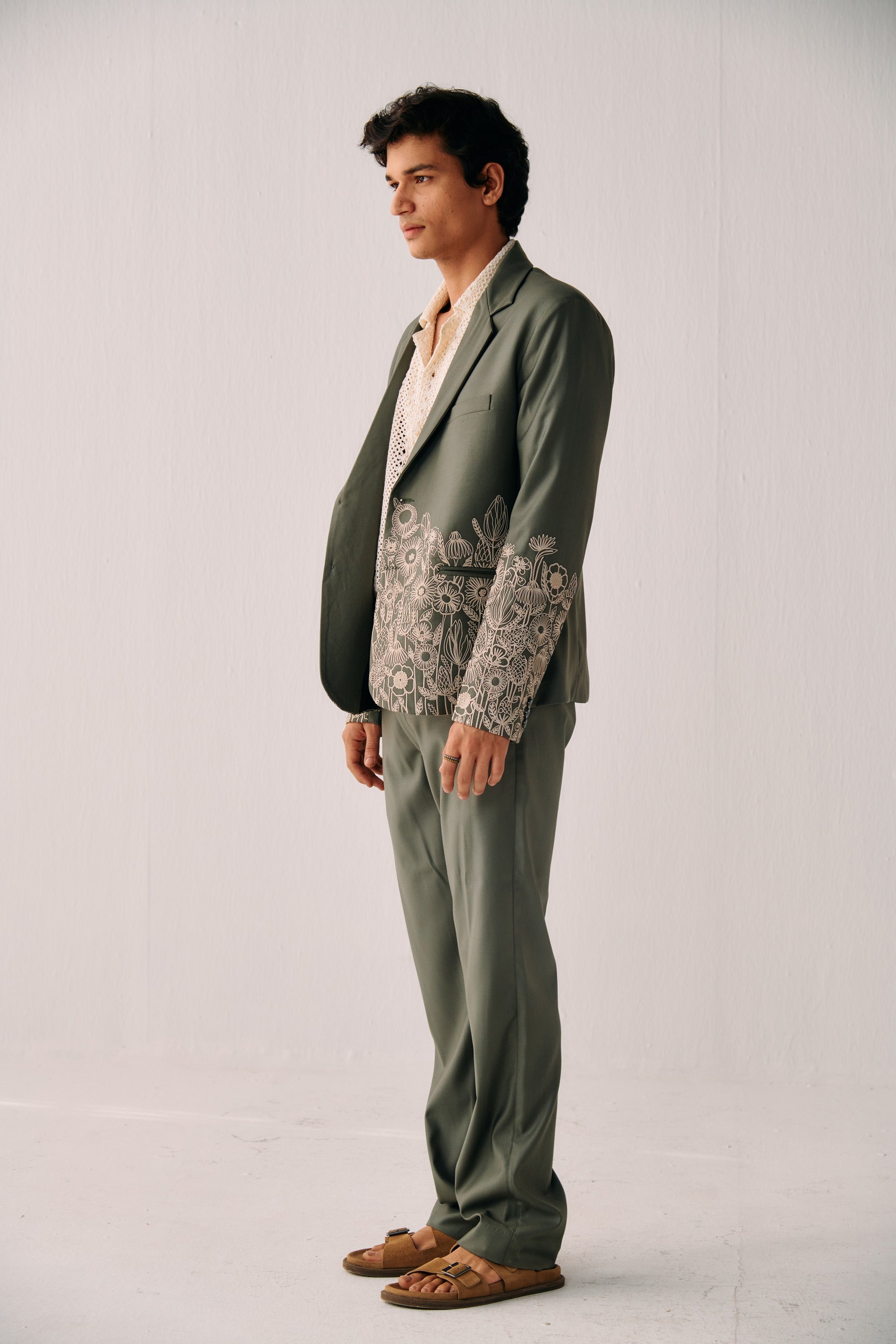 Sage Green Floral Hand Embroidered Casual Wedding Suit