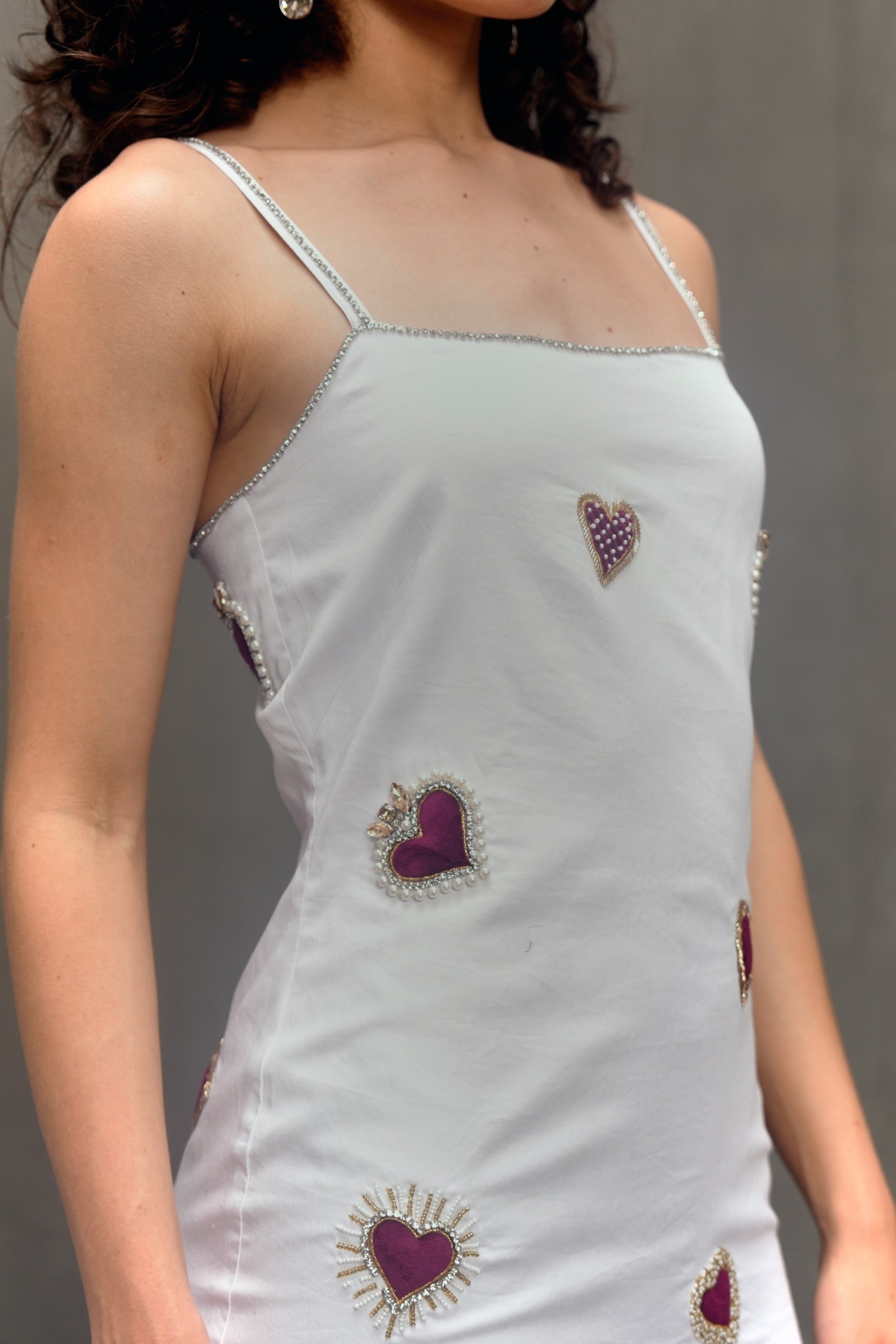 Velvet hearts hand embroidered dress- Ivory