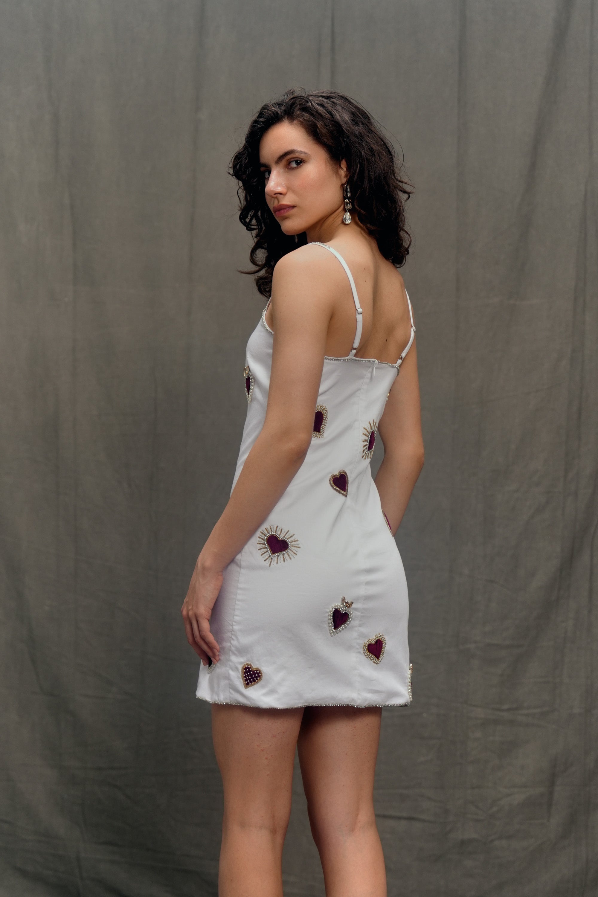 Velvet hearts hand embroidered dress- Ivory