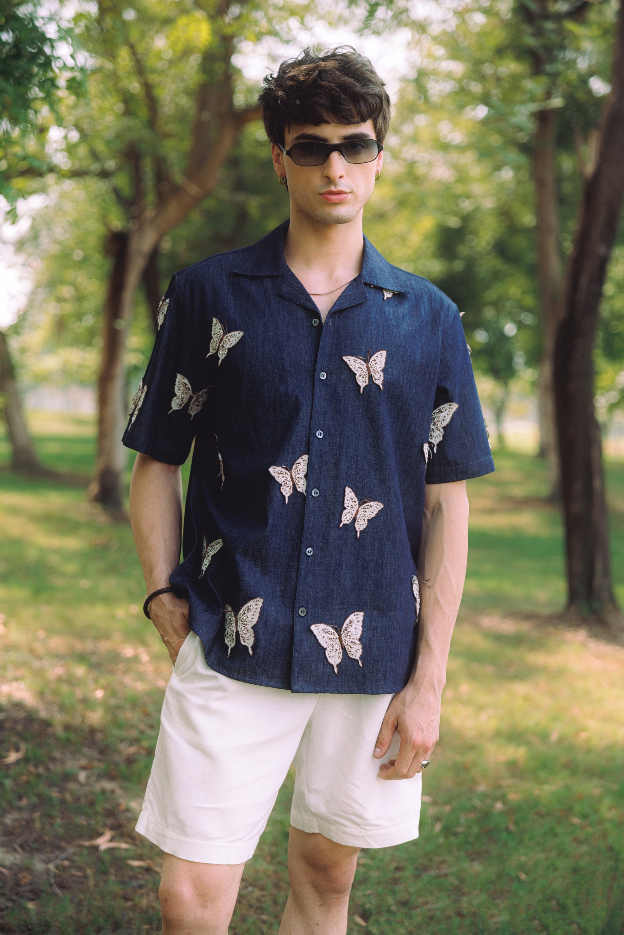 "Butterflies" hand embroidered denim shirt