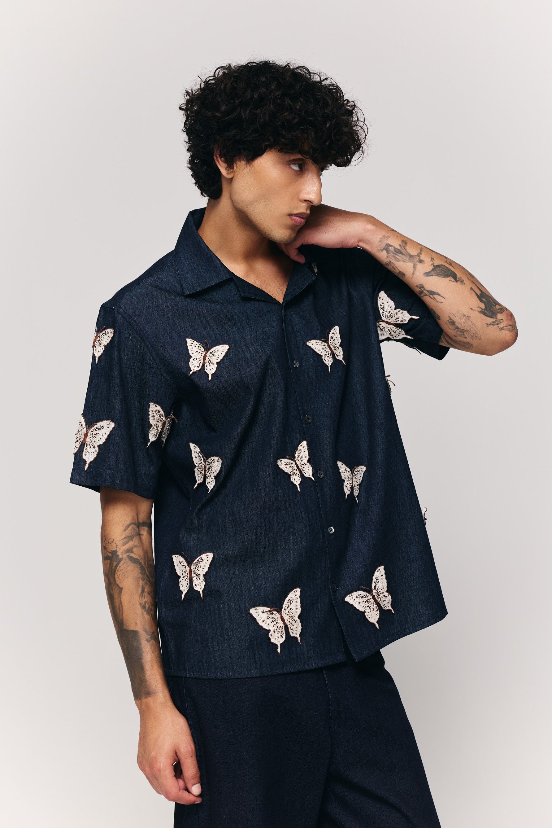 "Butterflies" hand embroidered denim shirt