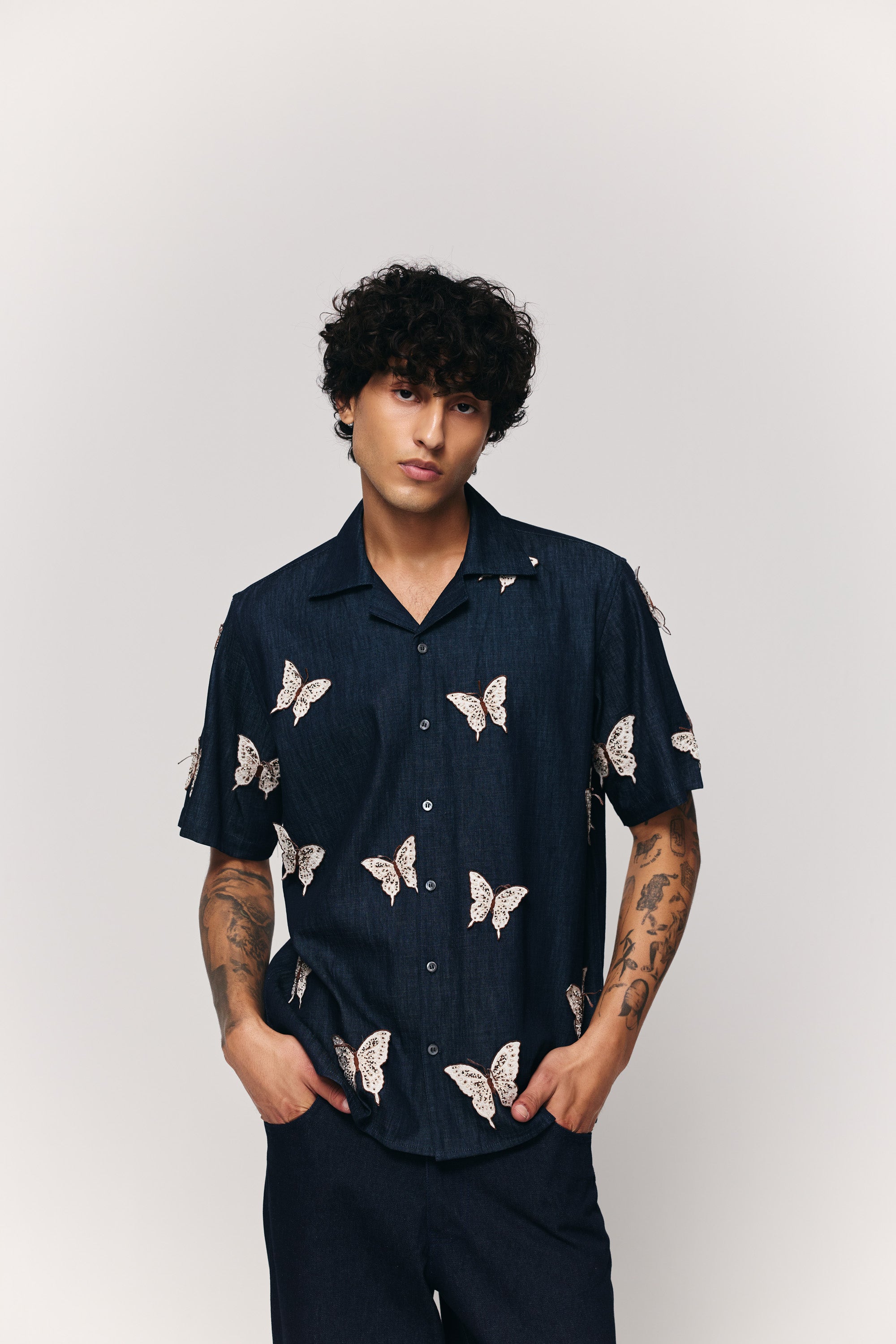 "Butterflies" hand embroidered denim shirt