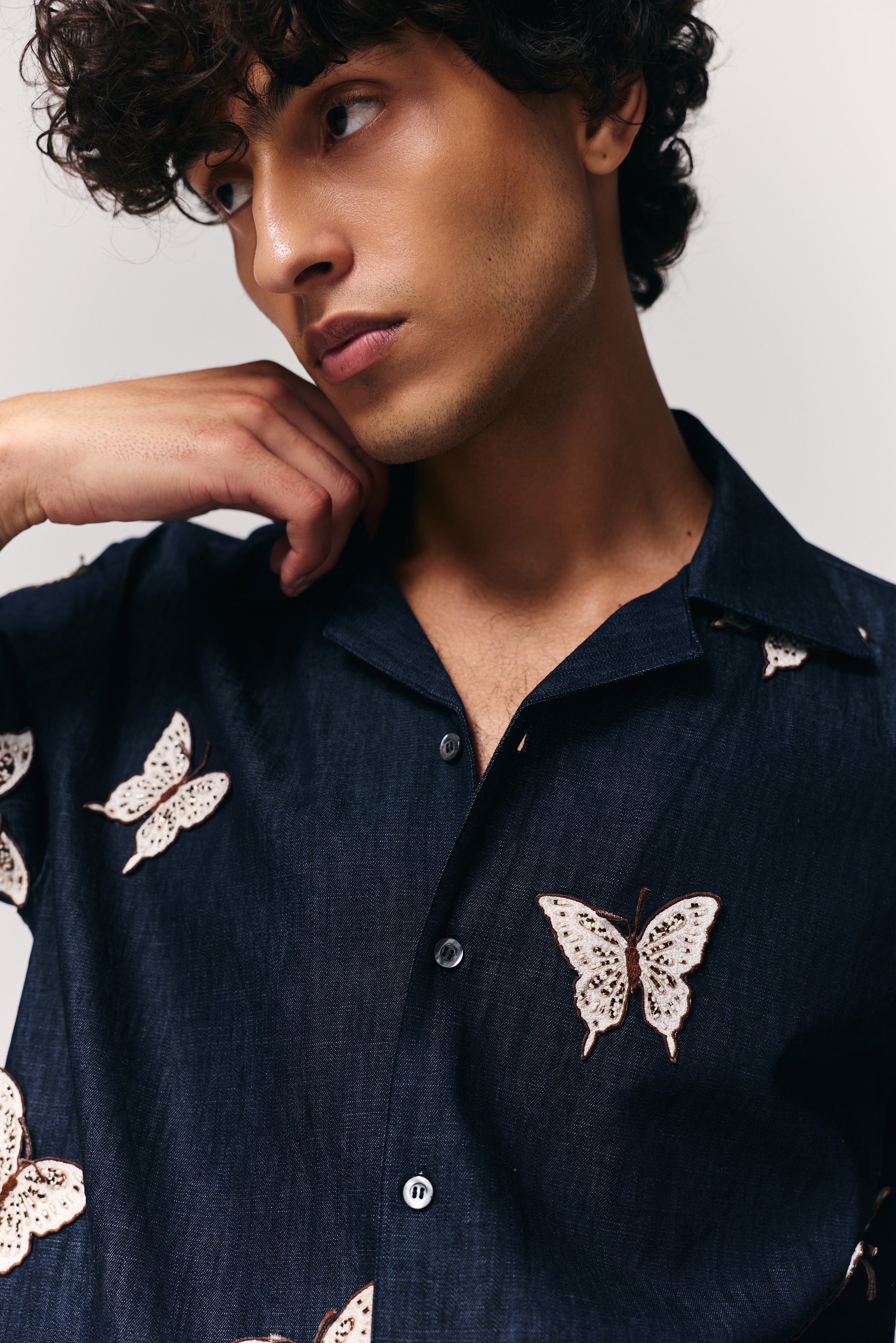 "Butterflies" hand embroidered denim shirt