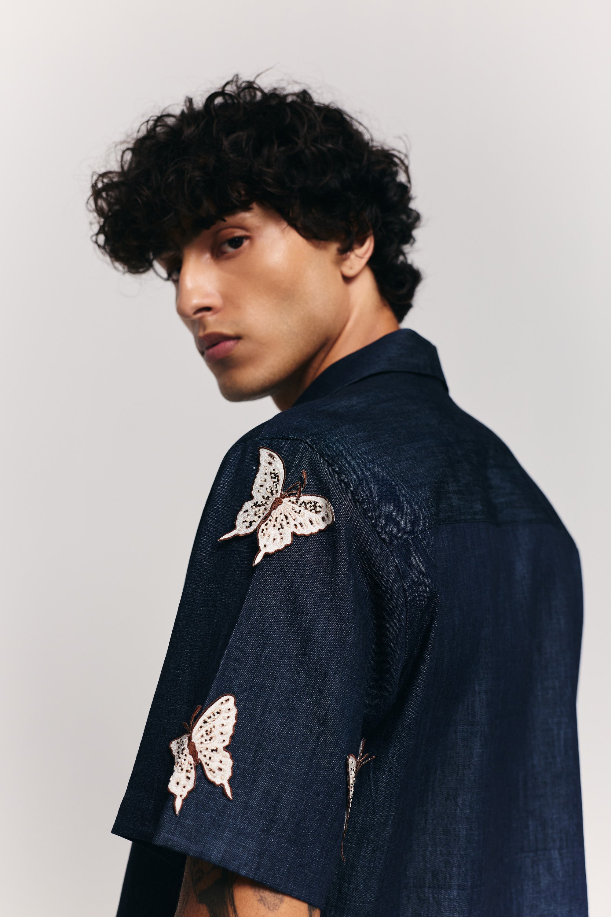 "Butterflies" hand embroidered denim shirt