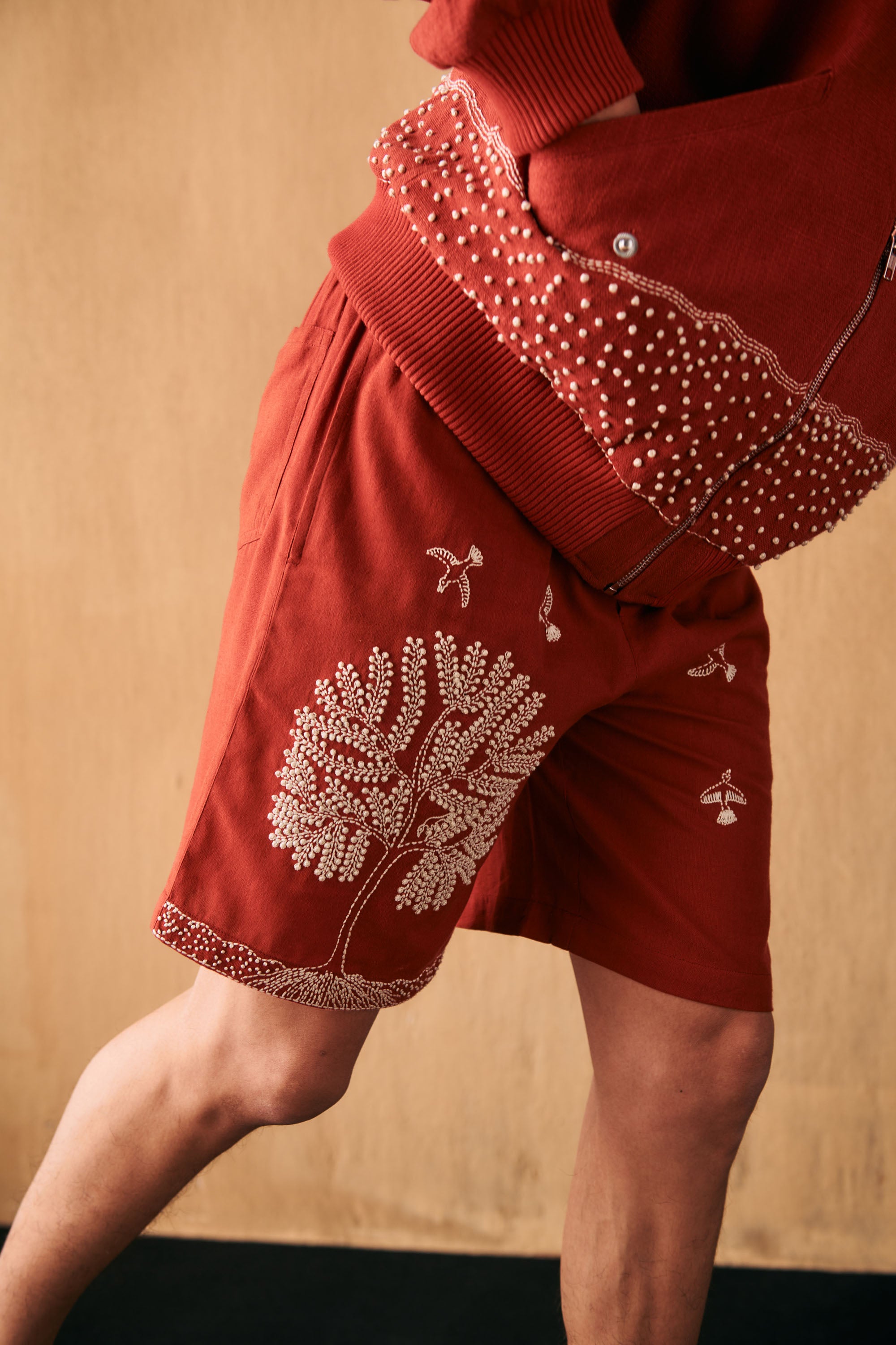 Tree of life embroidered shorts