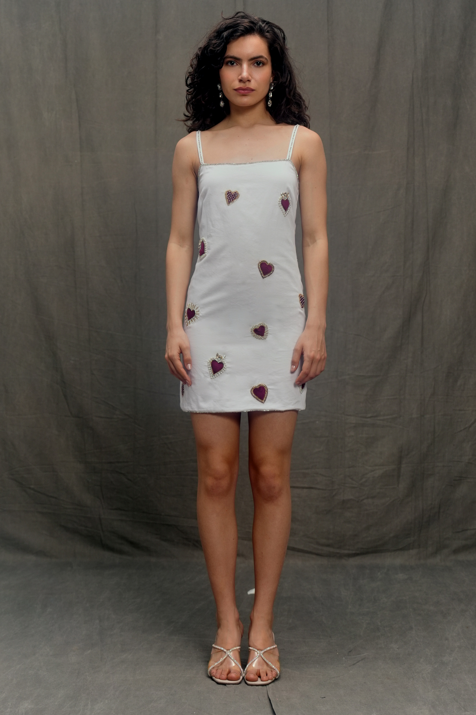 Velvet hearts hand embroidered dress- Ivory