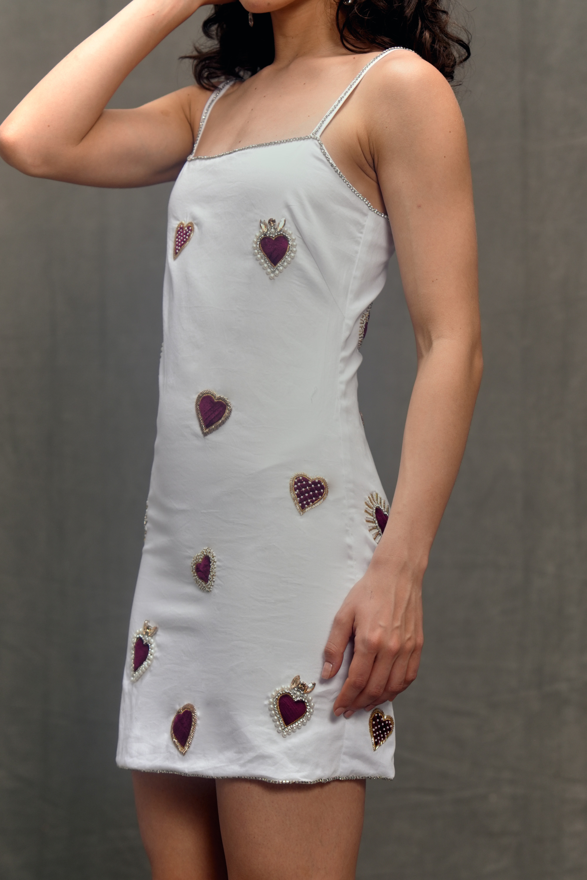 Velvet hearts hand embroidered dress- Ivory