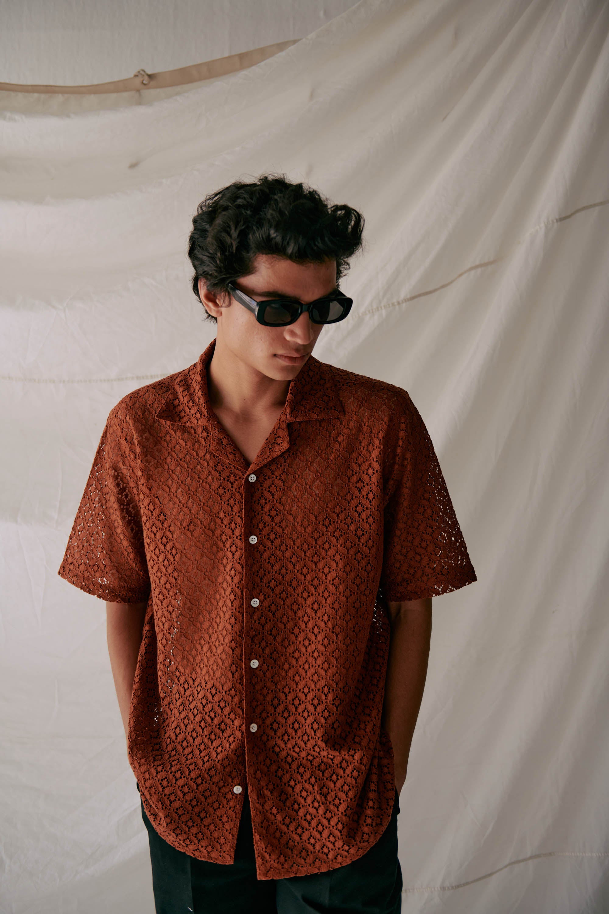 Brown Lace Shirt For Men By Perte d'ego | Crochet/Knitted Button Down Shirt