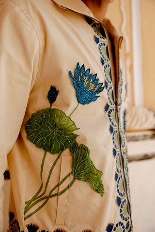 "Blue lotus" hand embroidered zip up jacket