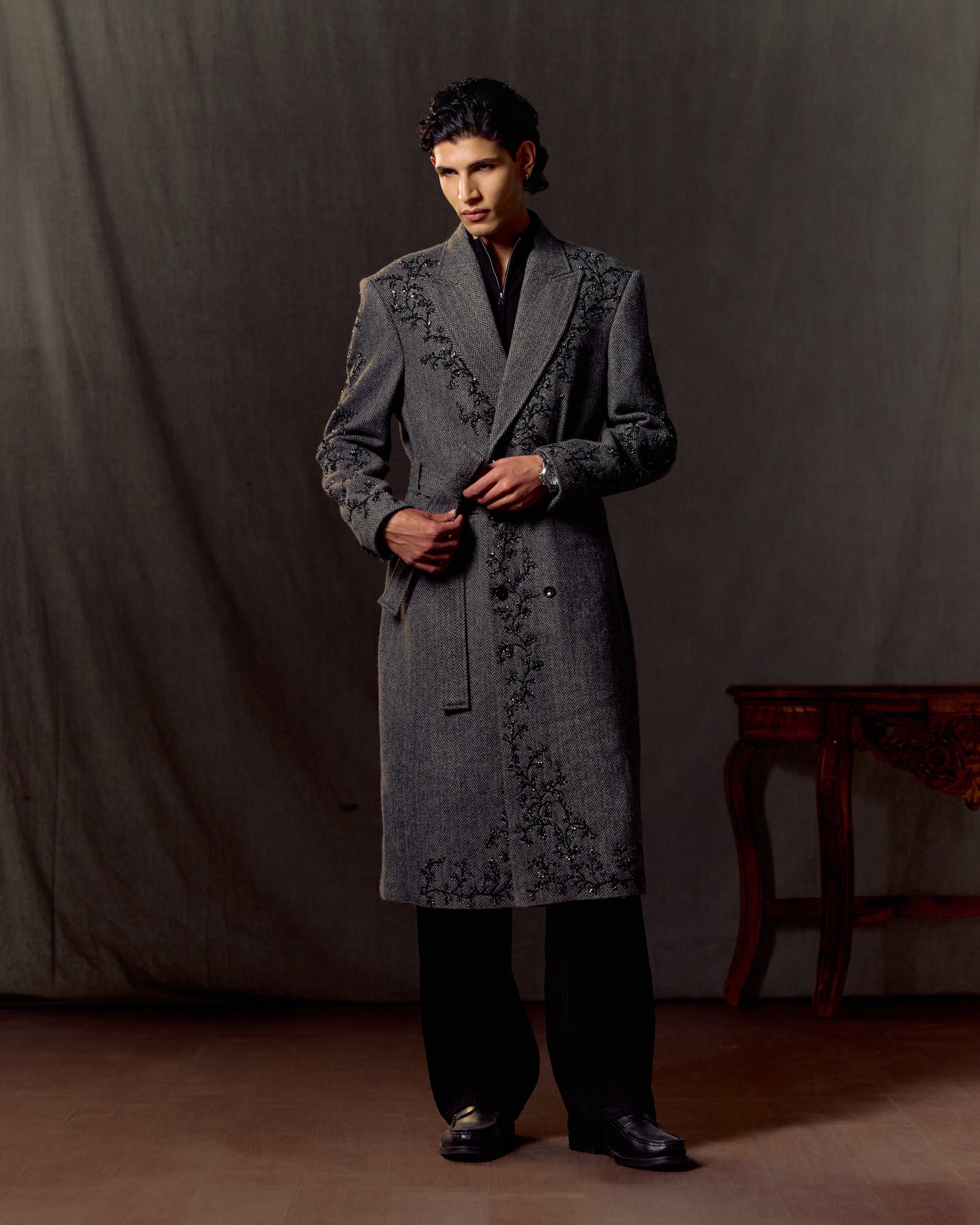 Midnight Vine Embroidered Wool Overcoat