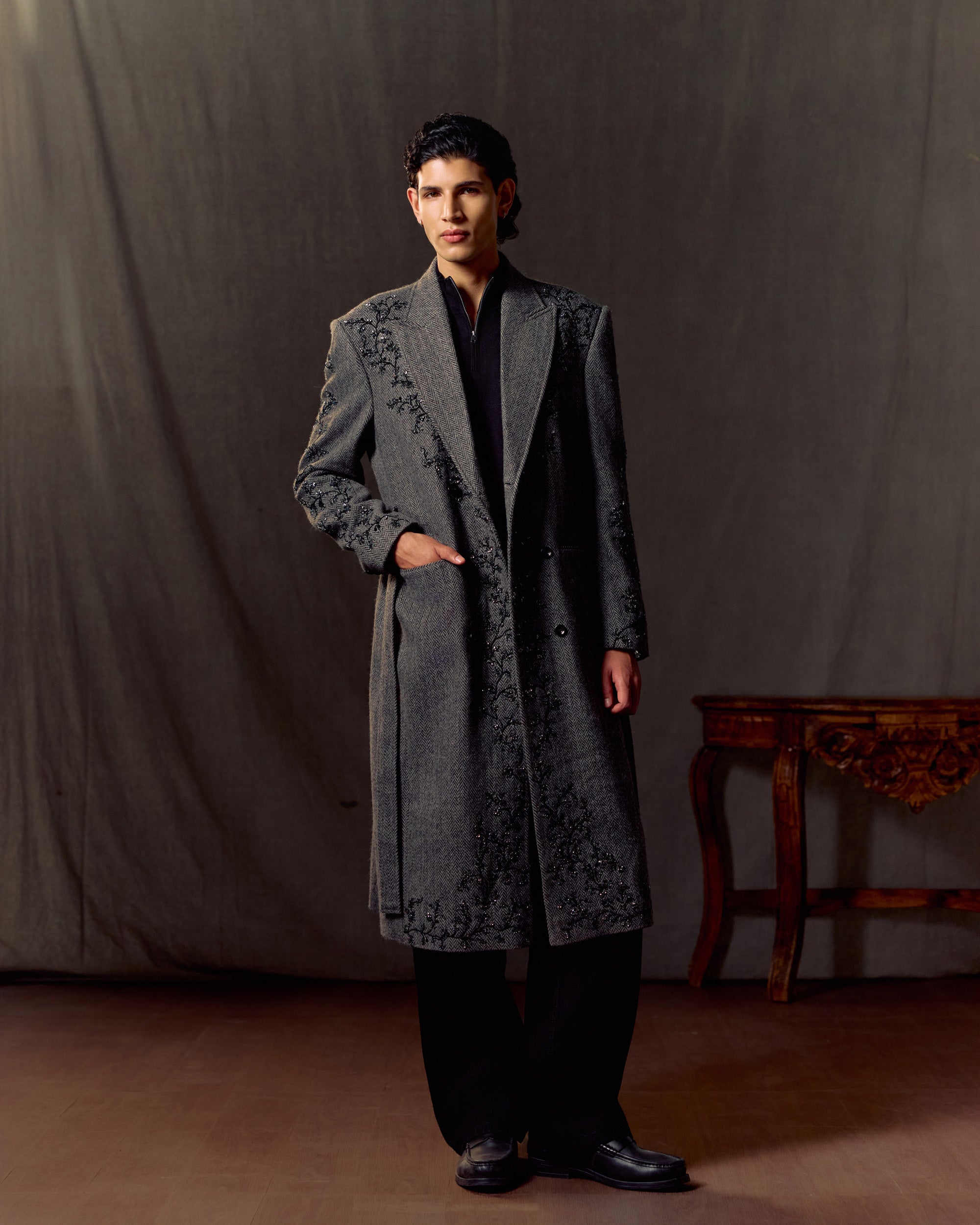 Midnight Vine Embroidered Wool Overcoat