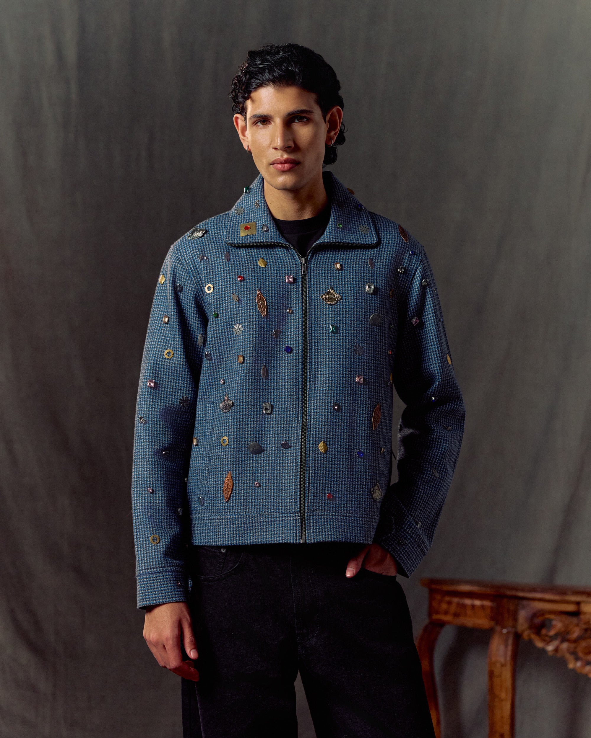 Hand embroidered wool zip up jacket- Blue