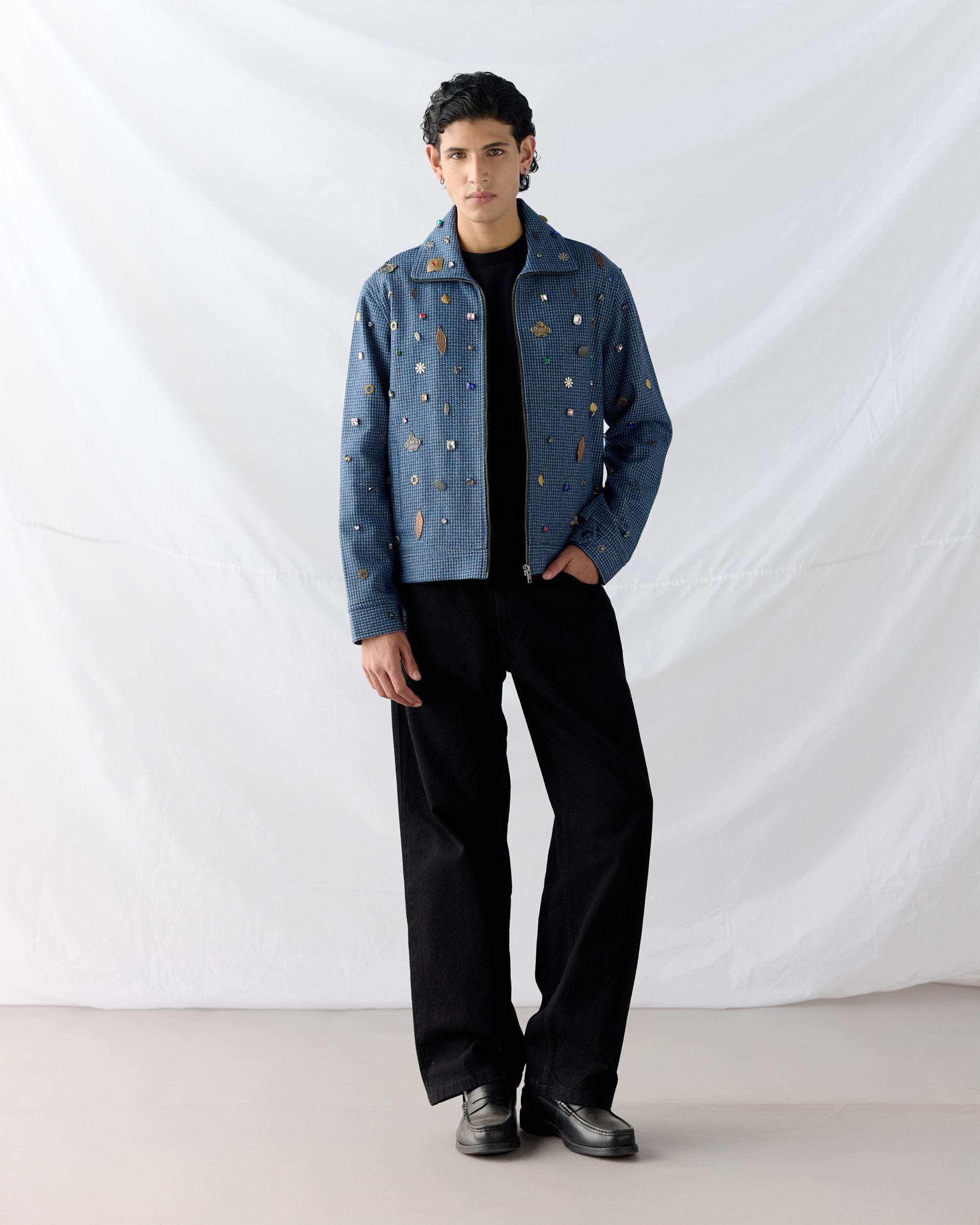 Hand embroidered wool zip up jacket- Blue