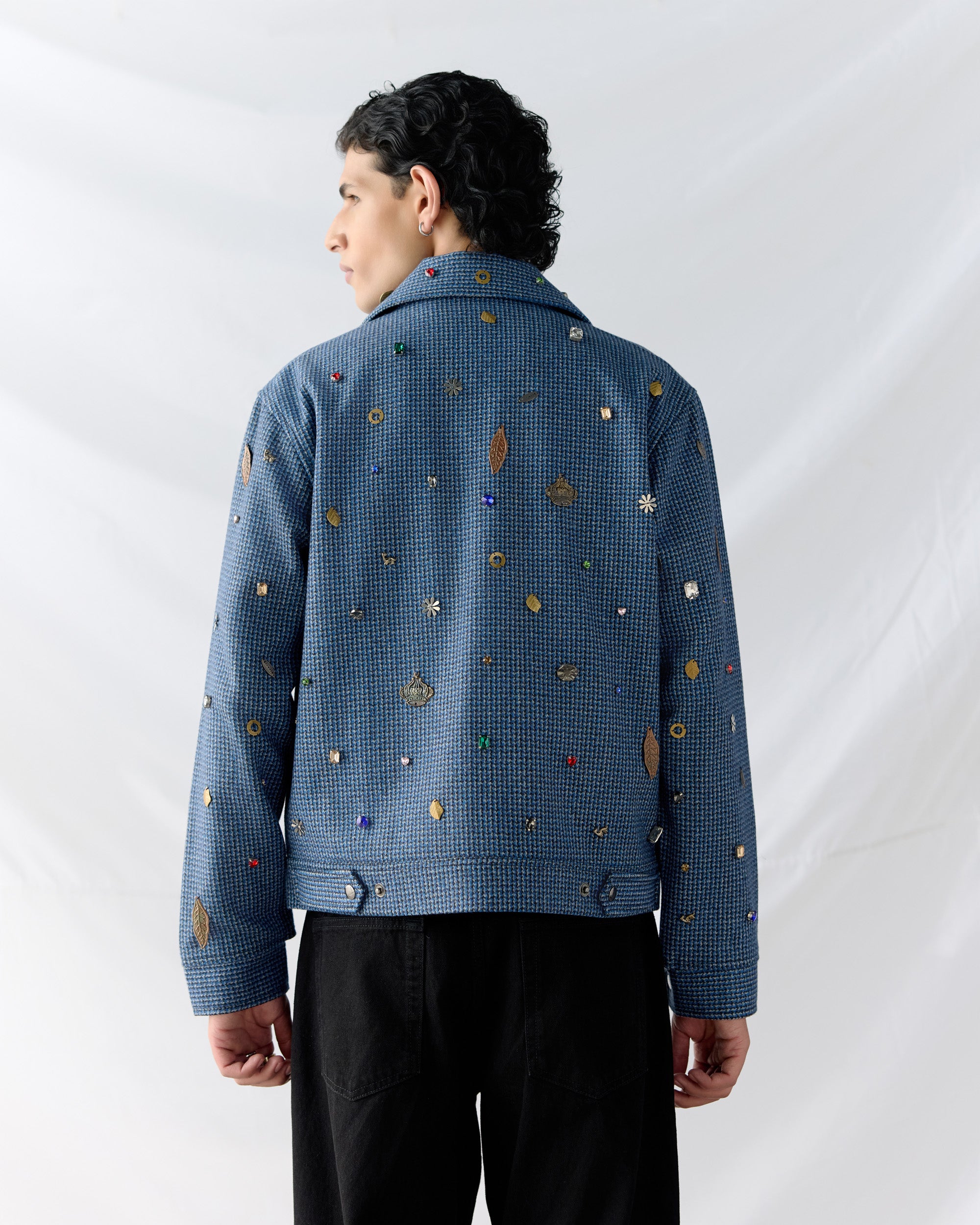 Hand embroidered wool zip up jacket- Blue