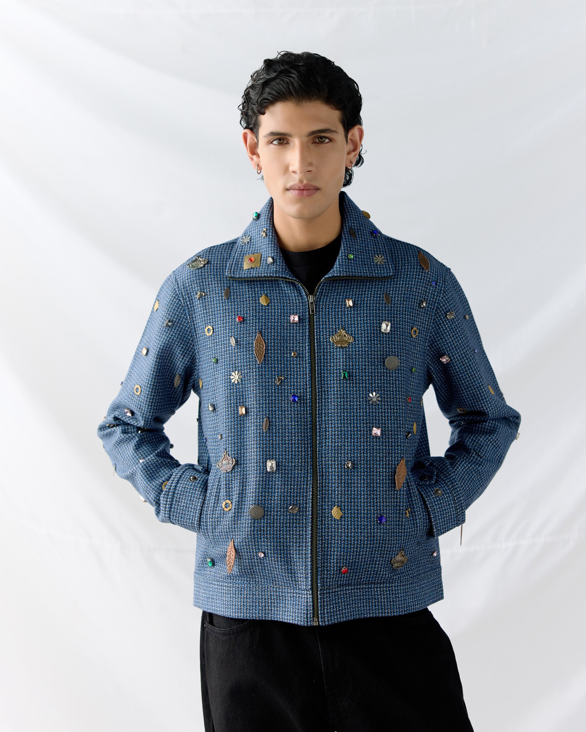 Hand embroidered wool zip up jacket- Blue