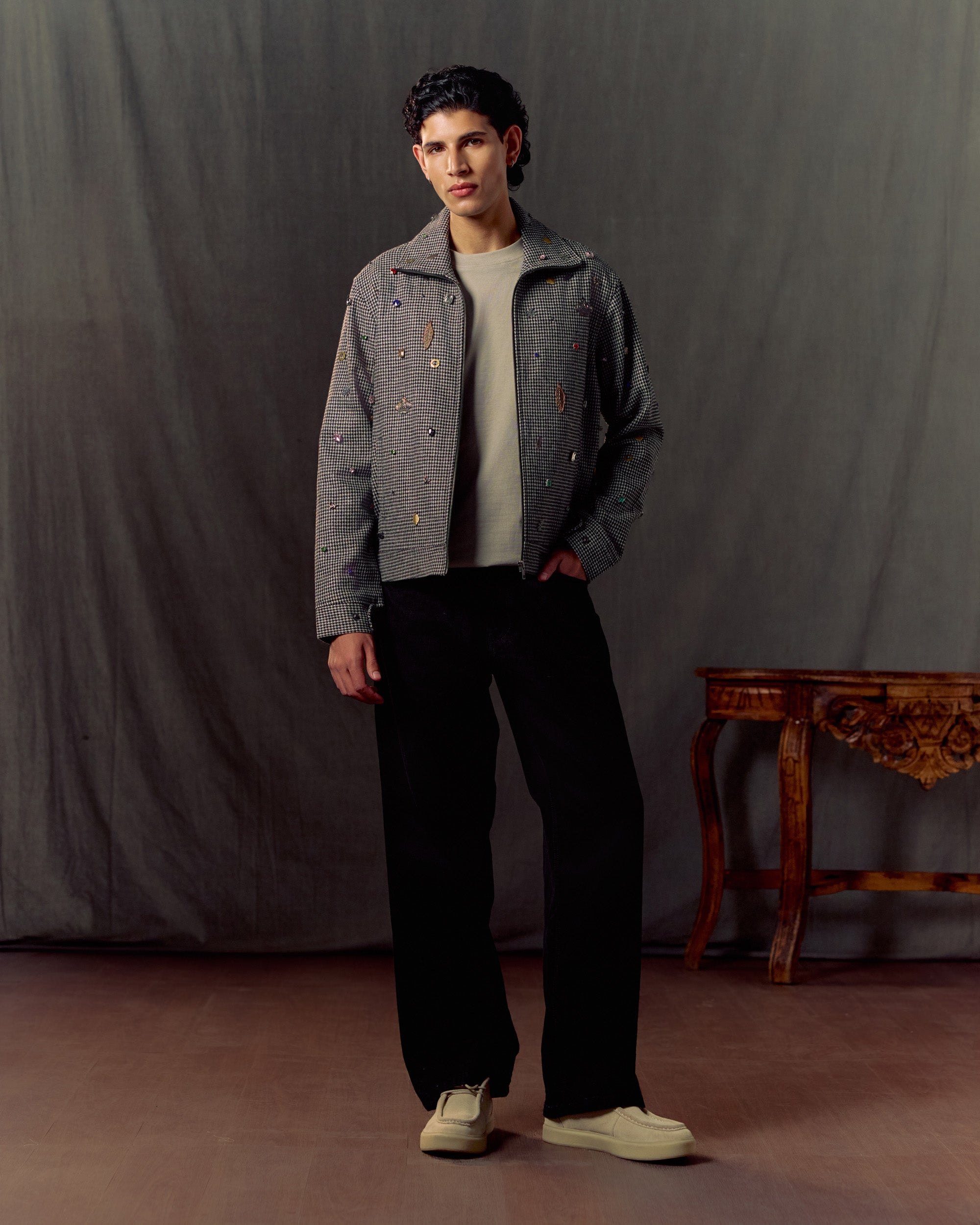 Hand embroidered wool zip up jacket