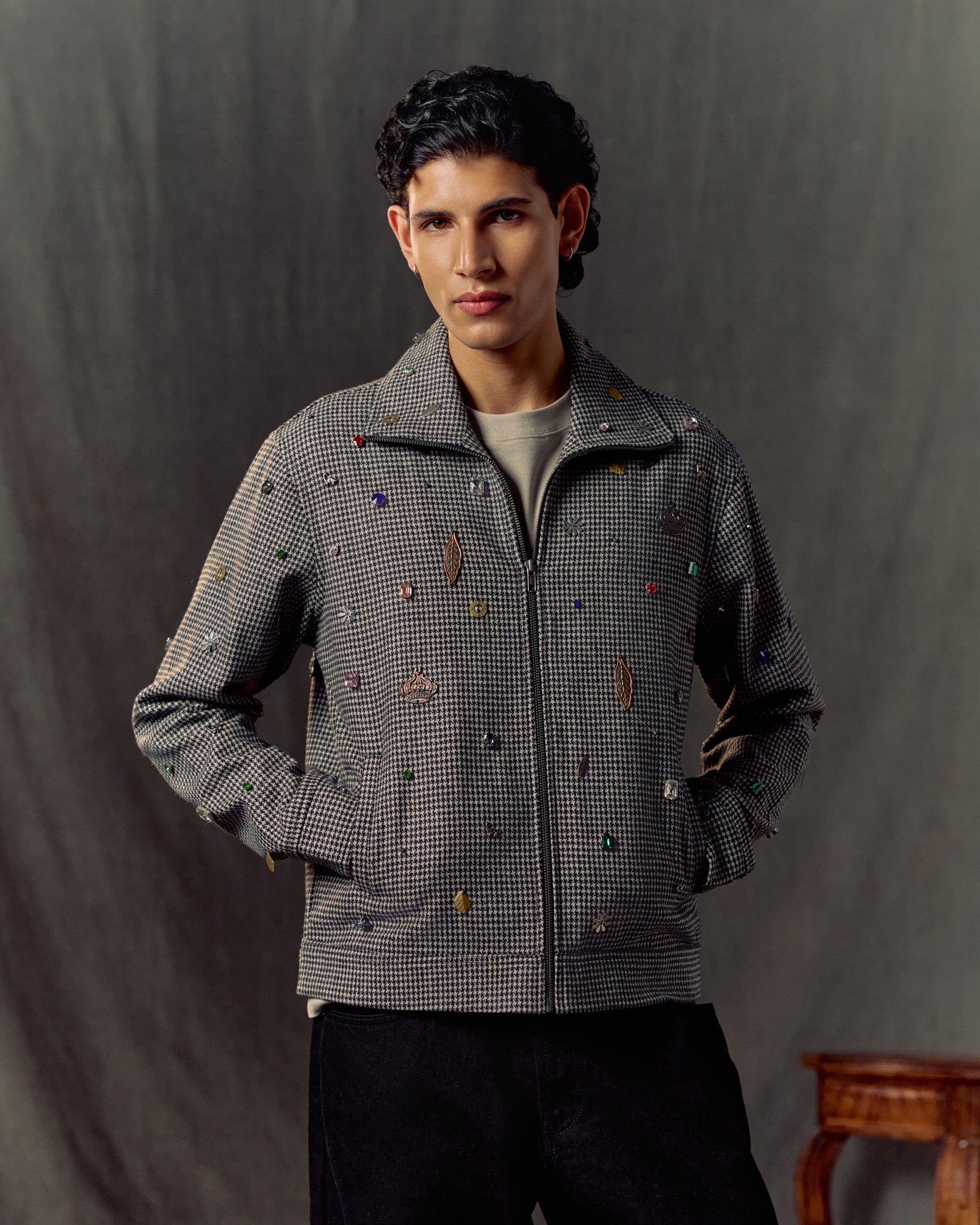 Hand embroidered wool zip up jacket