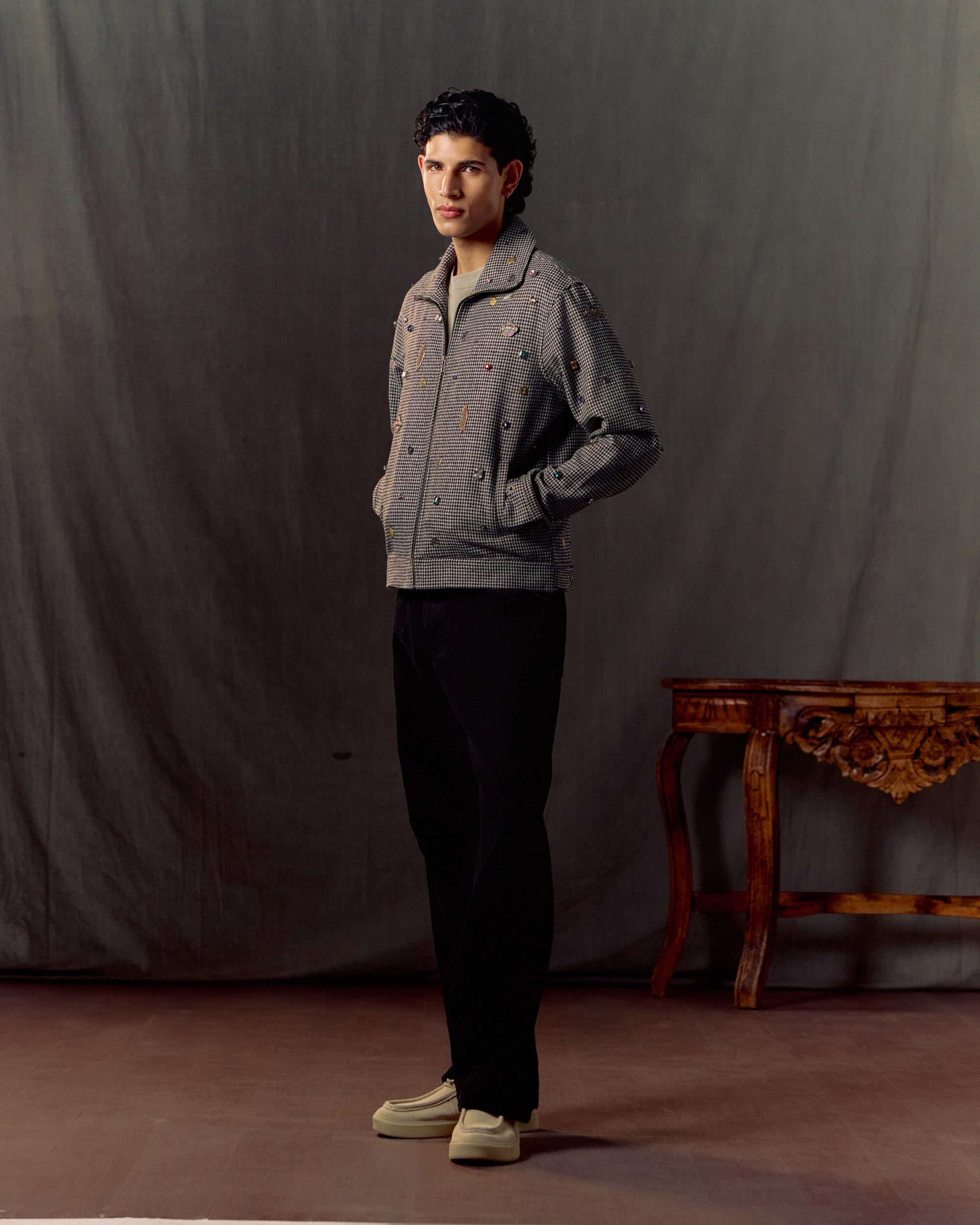 Hand embroidered wool zip up jacket