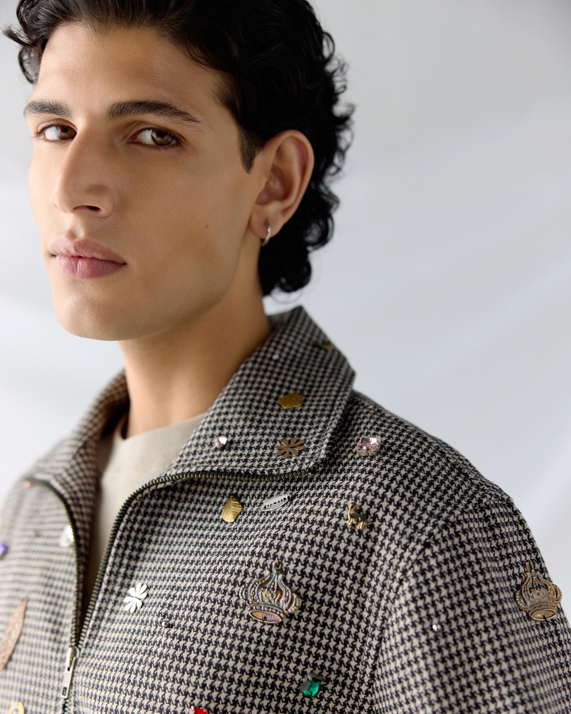 Hand embroidered wool zip up jacket